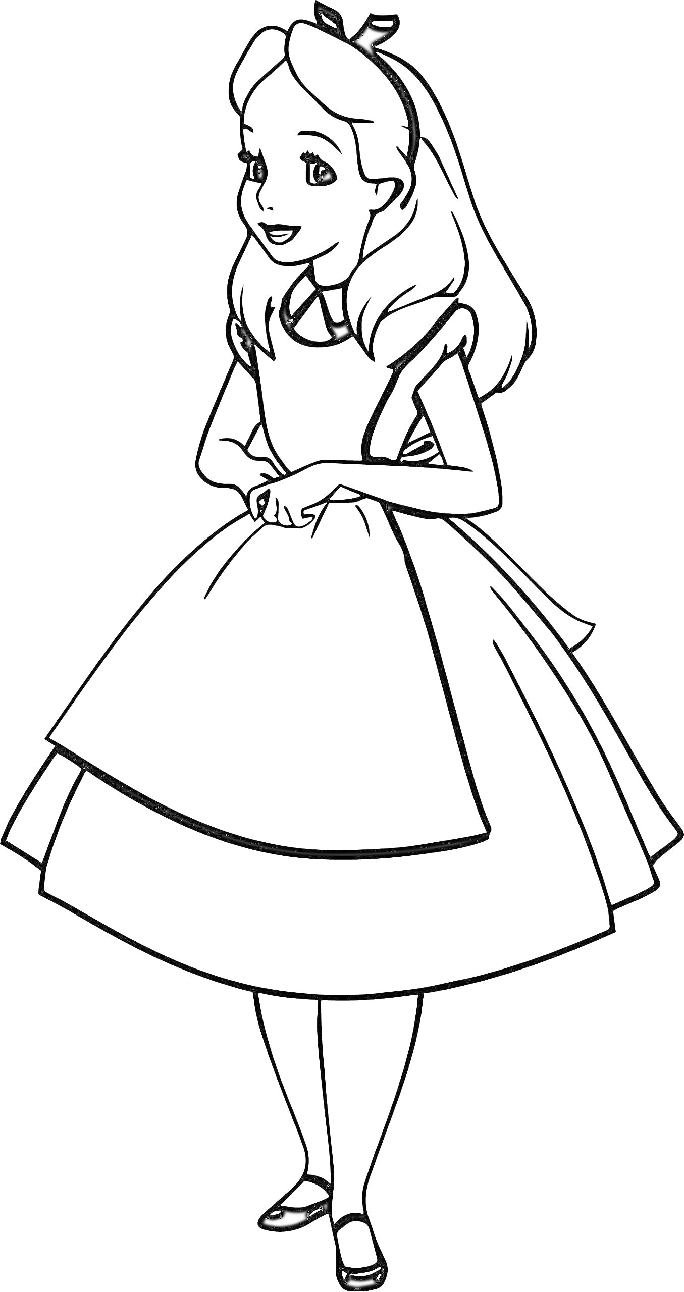 Раскраска Алиса в стране чудес, Алиса стоит в платье и держит руки перед собой, улыбка, волосы с бантиком