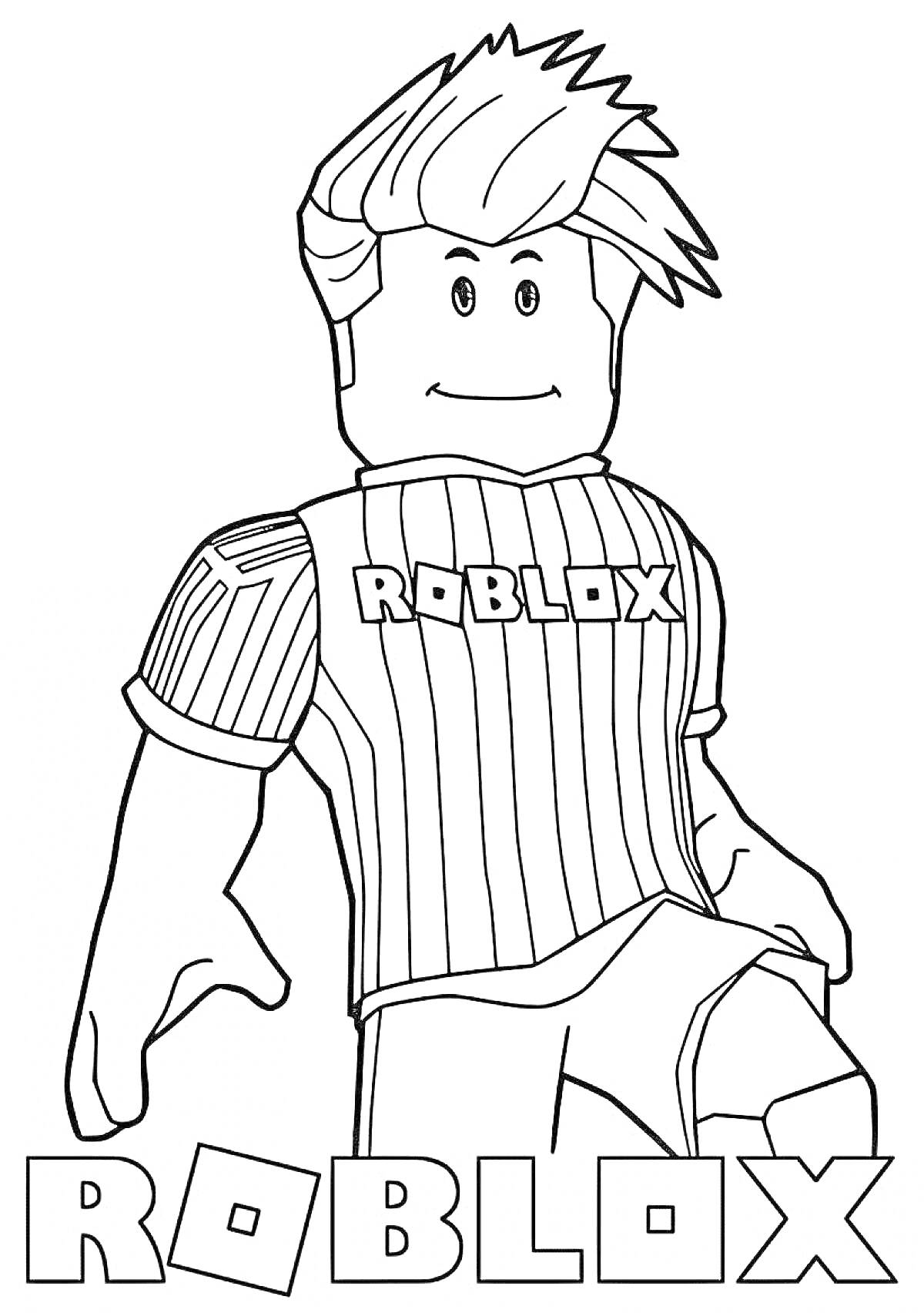 Раскраска Персонаж Roblox с причёской, в футболке с надписью 