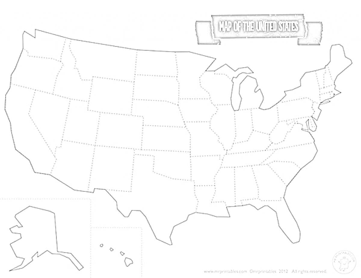 Карта Соединённых Штатов Америки с границами штатов и выделением Аляски и Гавайев