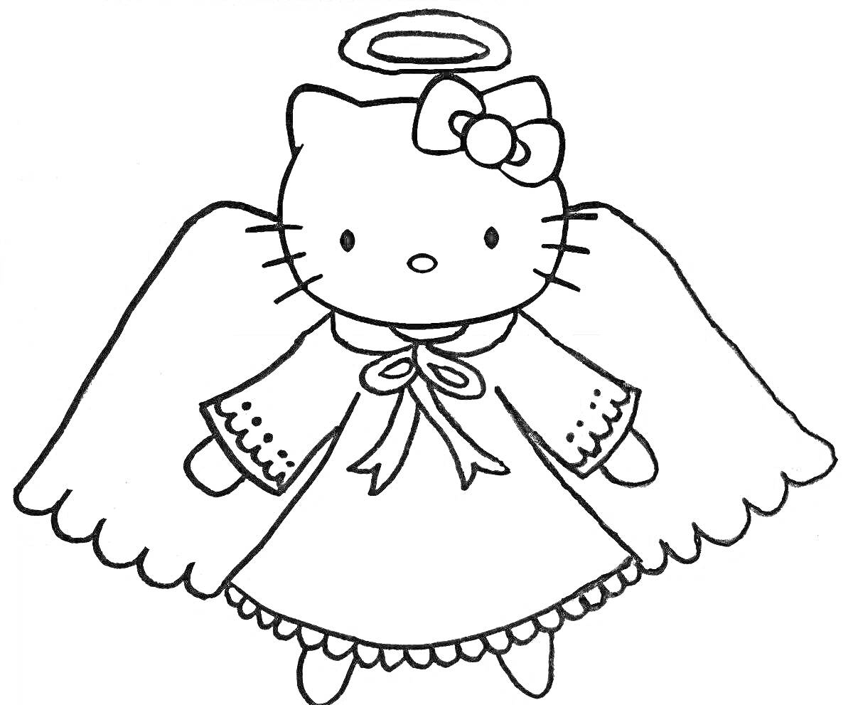 Раскраска Кошечка с нимбом и крыльями ангела, в платье с бантом