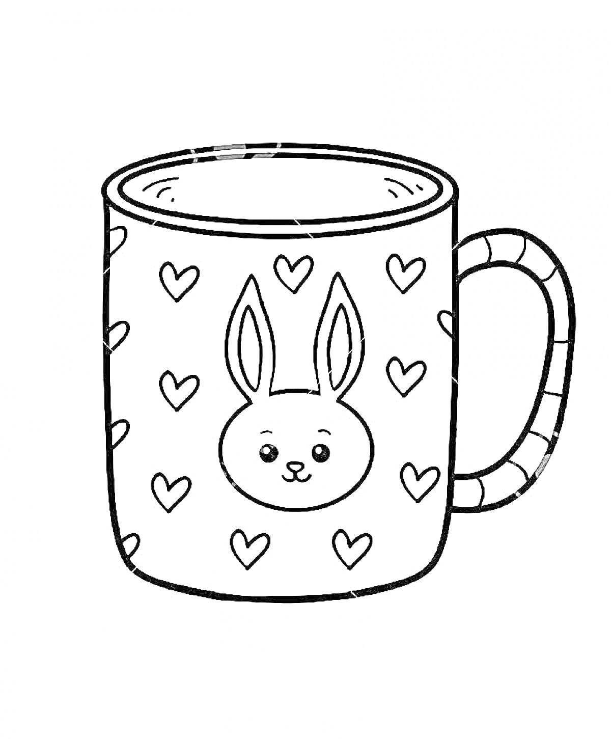 Раскраска Кружка с изображением зайчика и сердечек