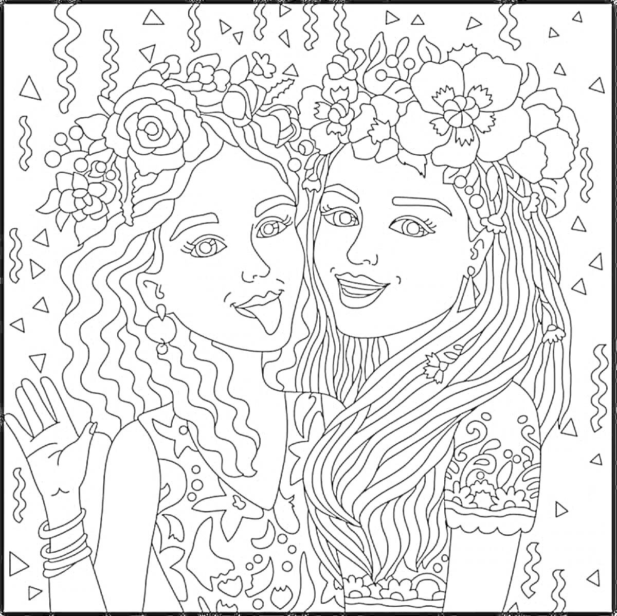 Раскраска Девушки с цветочными венками на голове, празднующие событие
