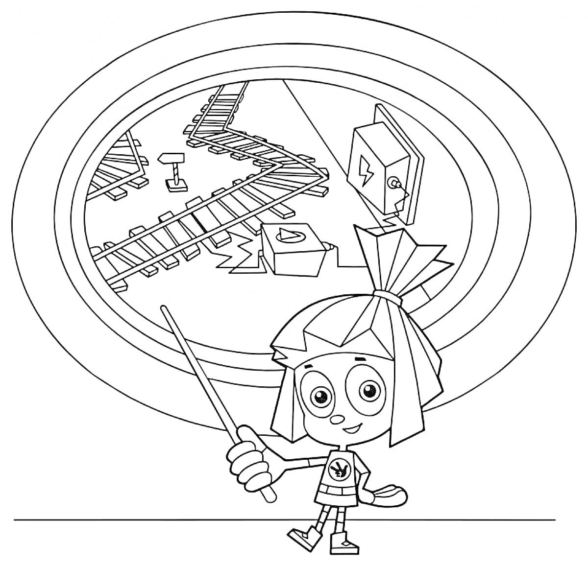 Раскраска фиксик с указкой на фоне железной дороги и распределительного щитка