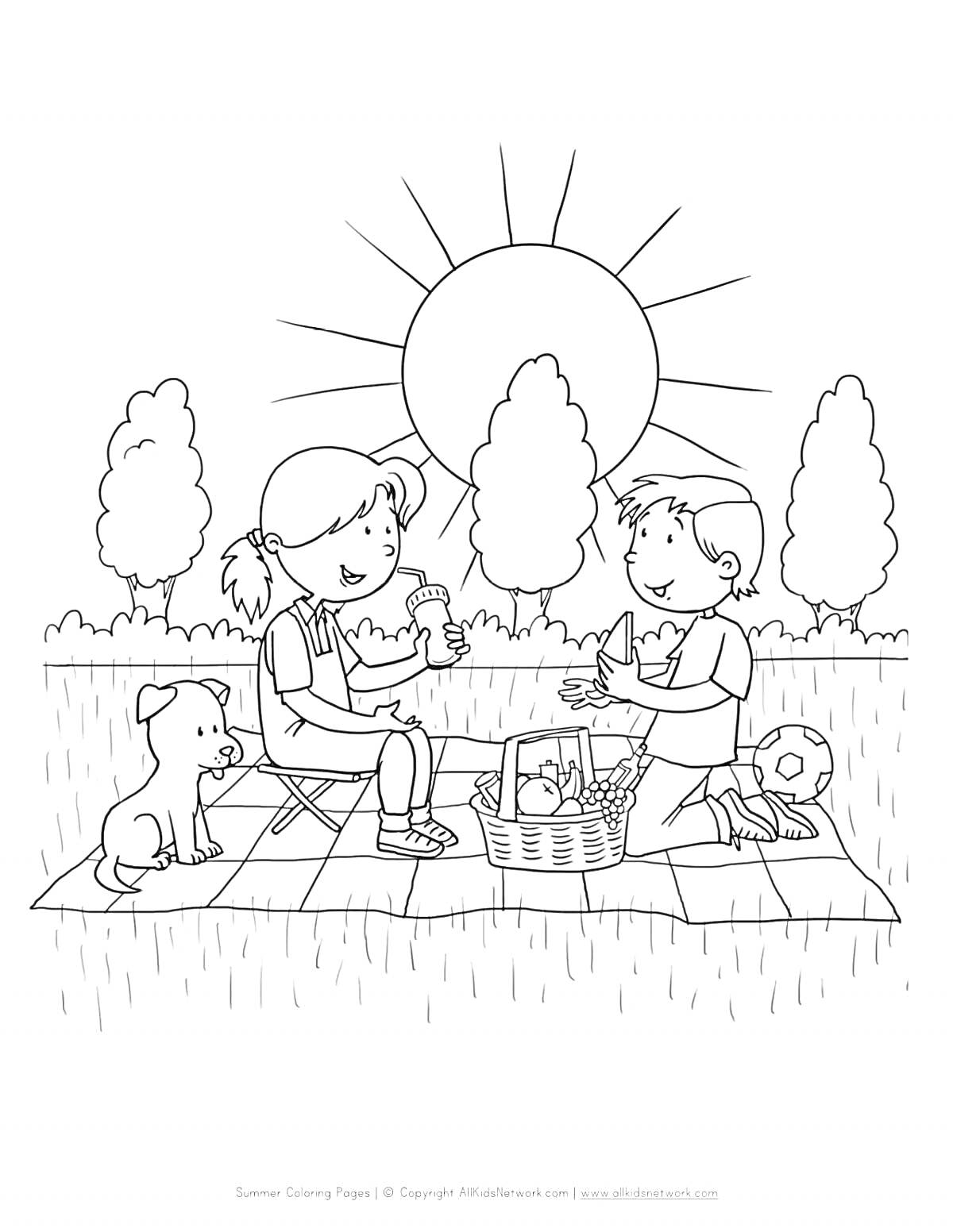 Раскраска Дети на пикнике с собакой, корзиной и мячом на фоне солнца и деревьев