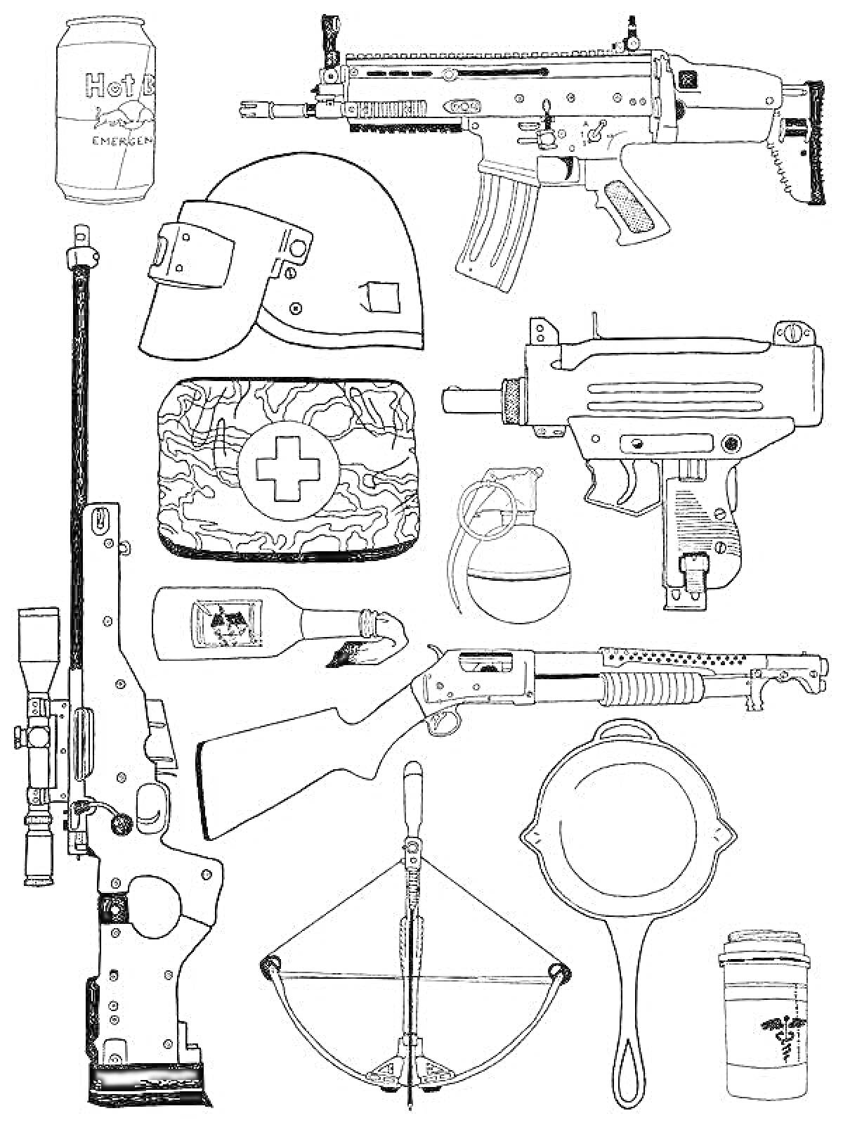 Раскраска PUBG Mobile элементы — энергетик, ПП пулемёт, шлем 2 уровня, аптечка, граната, карабин, дробовик, арбалет, сковорода, бинт, оружейный прицел, обрез, энергетик