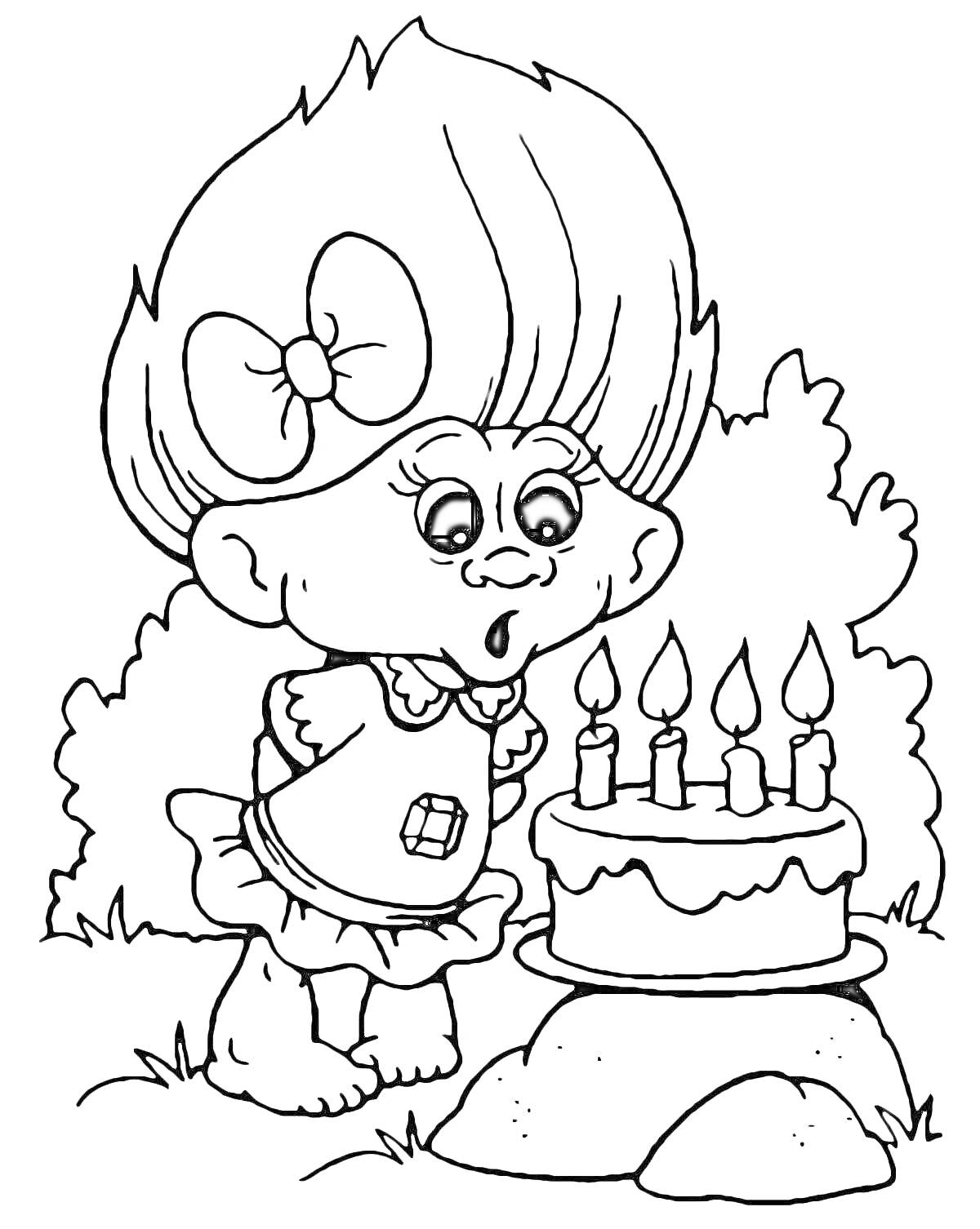 На раскраске изображено: Девочка, Свечи, Торт, Кусты, День рождения