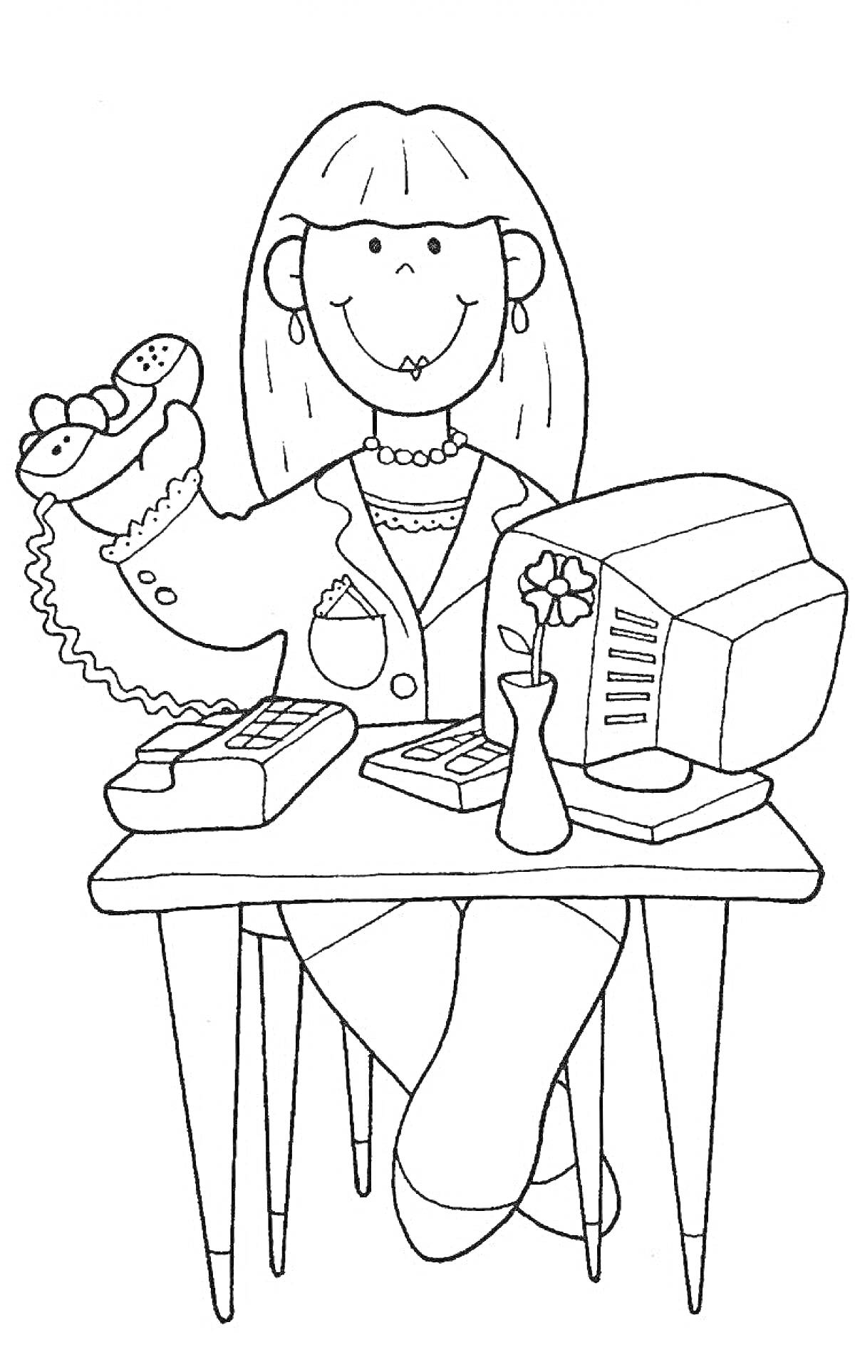 На раскраске изображено: Женщина, Телефон, Компьютер, Ваза, Документы, Стол, Офис, Цветы, Профессия
