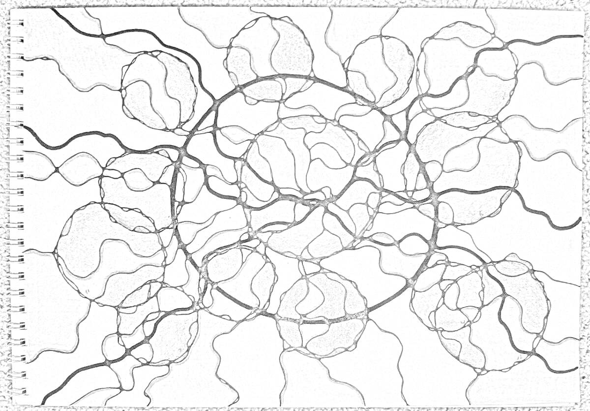 Раскраска Нейрографическая композиция с абстрактными кругами и волнистыми линиями