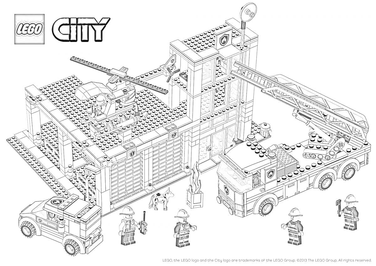 Раскраска Лего город: Полицейский участок с вертолетом и пожарной машиной