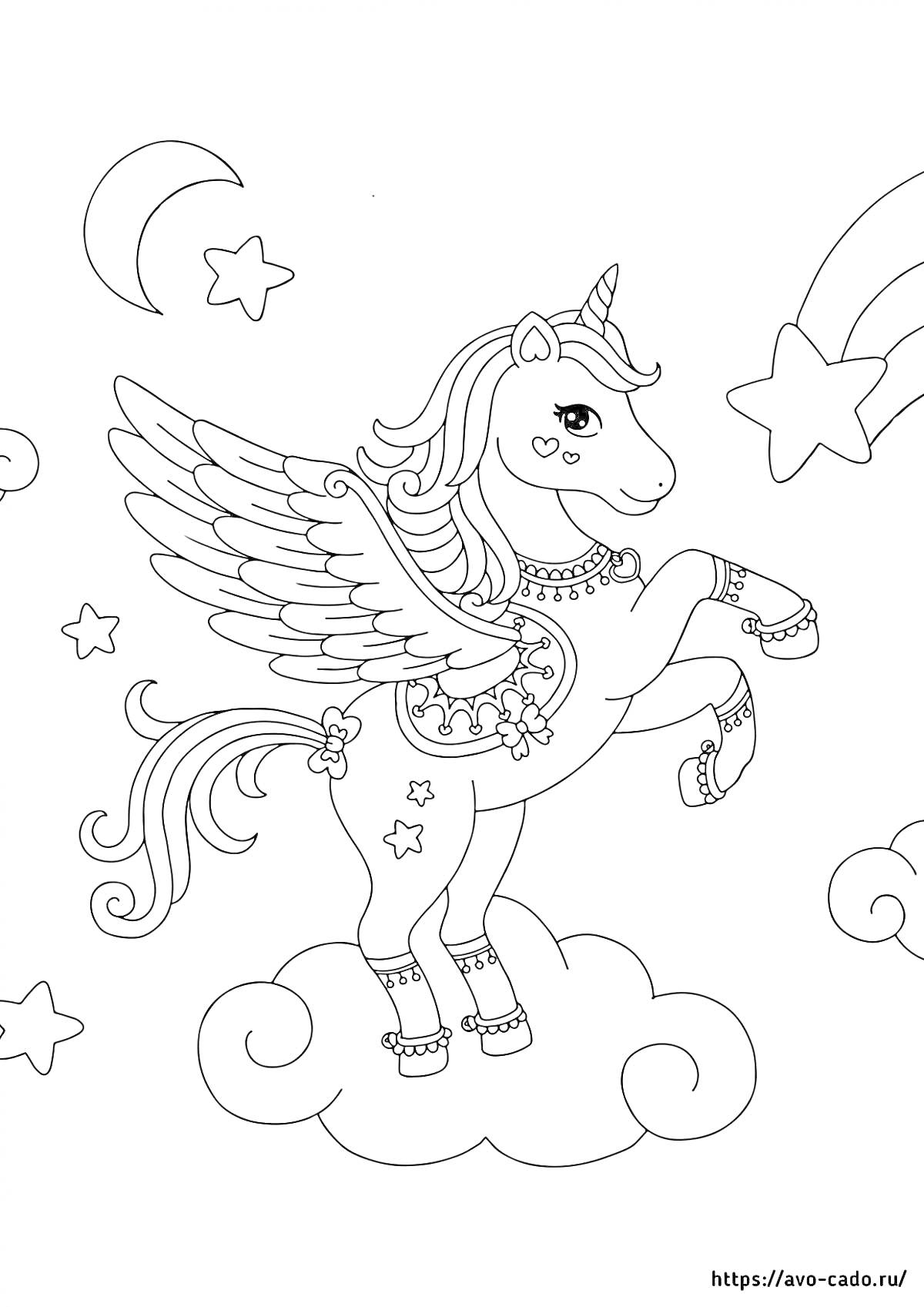 На раскраске изображено: Пегас, Крылья, Месяц, Звезды, Украшения, Для детей