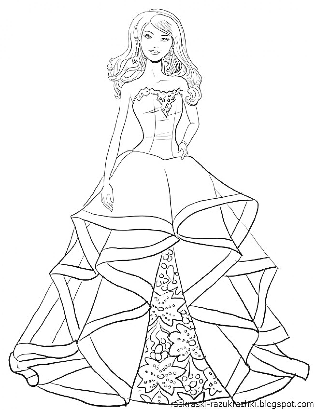 Раскраска Принцесса в длинном пышном платье с цветочным узором и волнистой юбкой