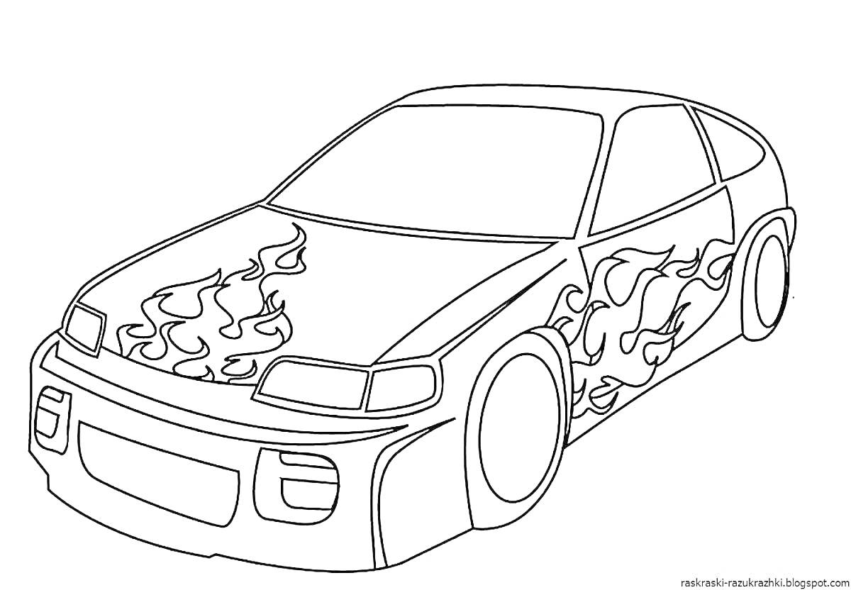 Раскраска Спортивная машина с огненными наклейками