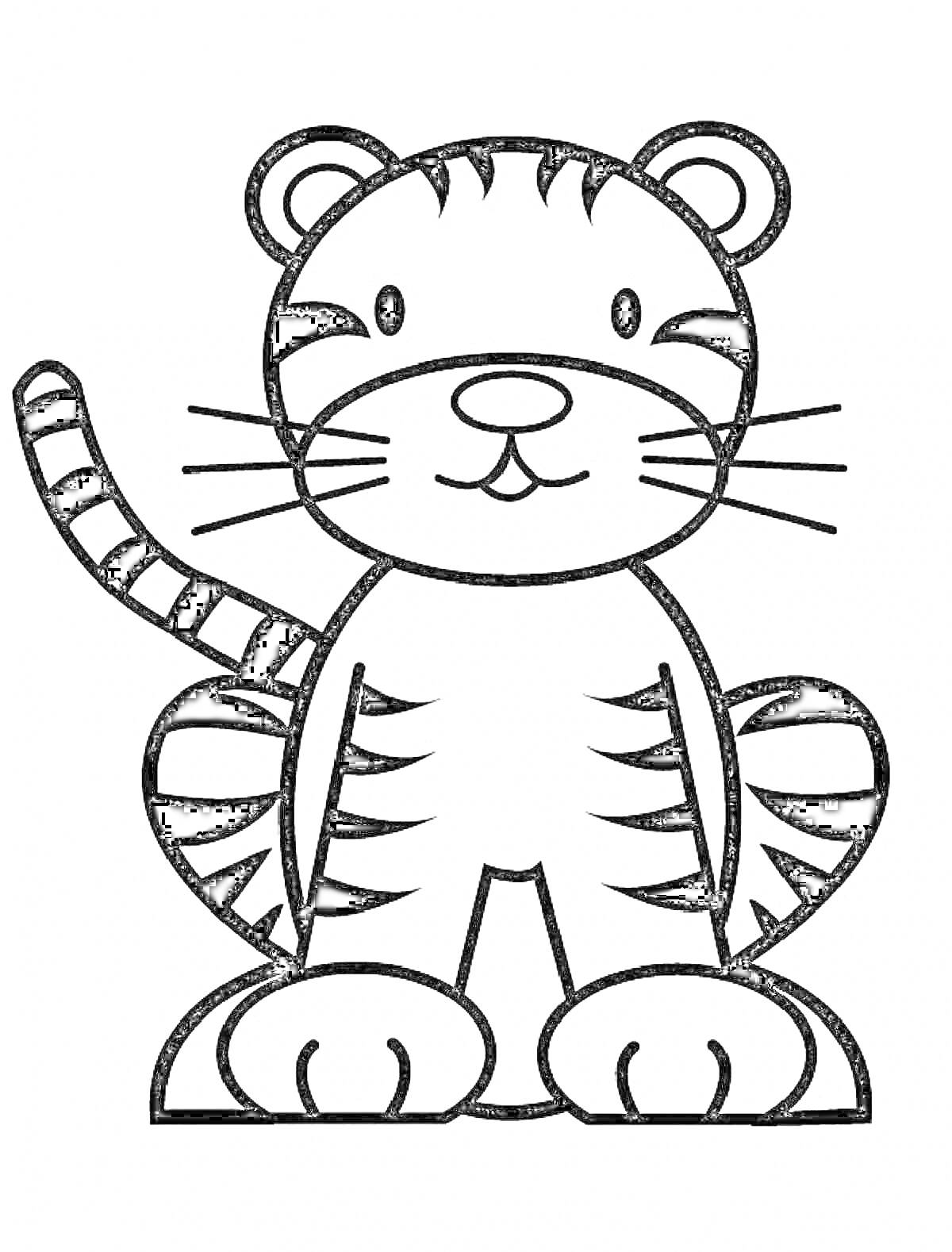 Раскраска Тигр с полосками, сидящий с выражением спокойствия