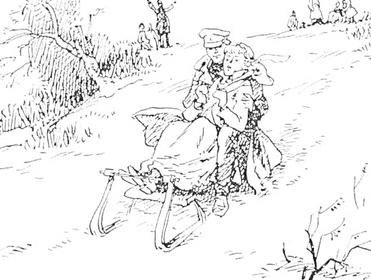 Раскраска Парень и девушка едут на санях зимой, окружающий пейзаж с деревьями и кустарниками, люди на заднем плане