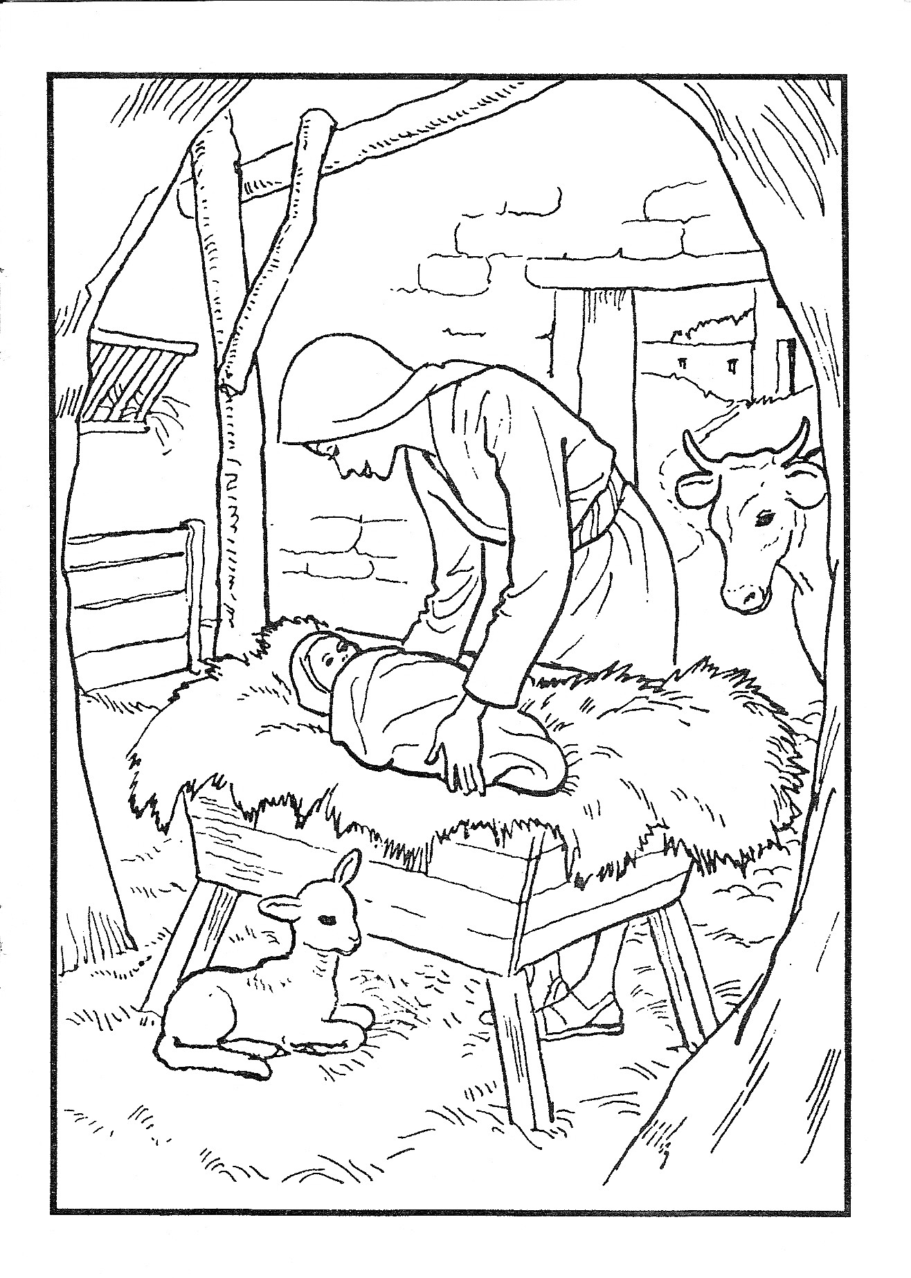 Раскраска Рождественская сцена с младенцем в яслях, фигурой в капюшоне, коровой и олененком