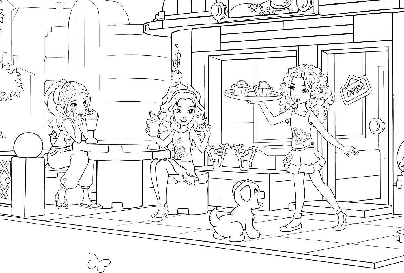Раскраска Девочки в кафе с напитками, пирожными и собачкой