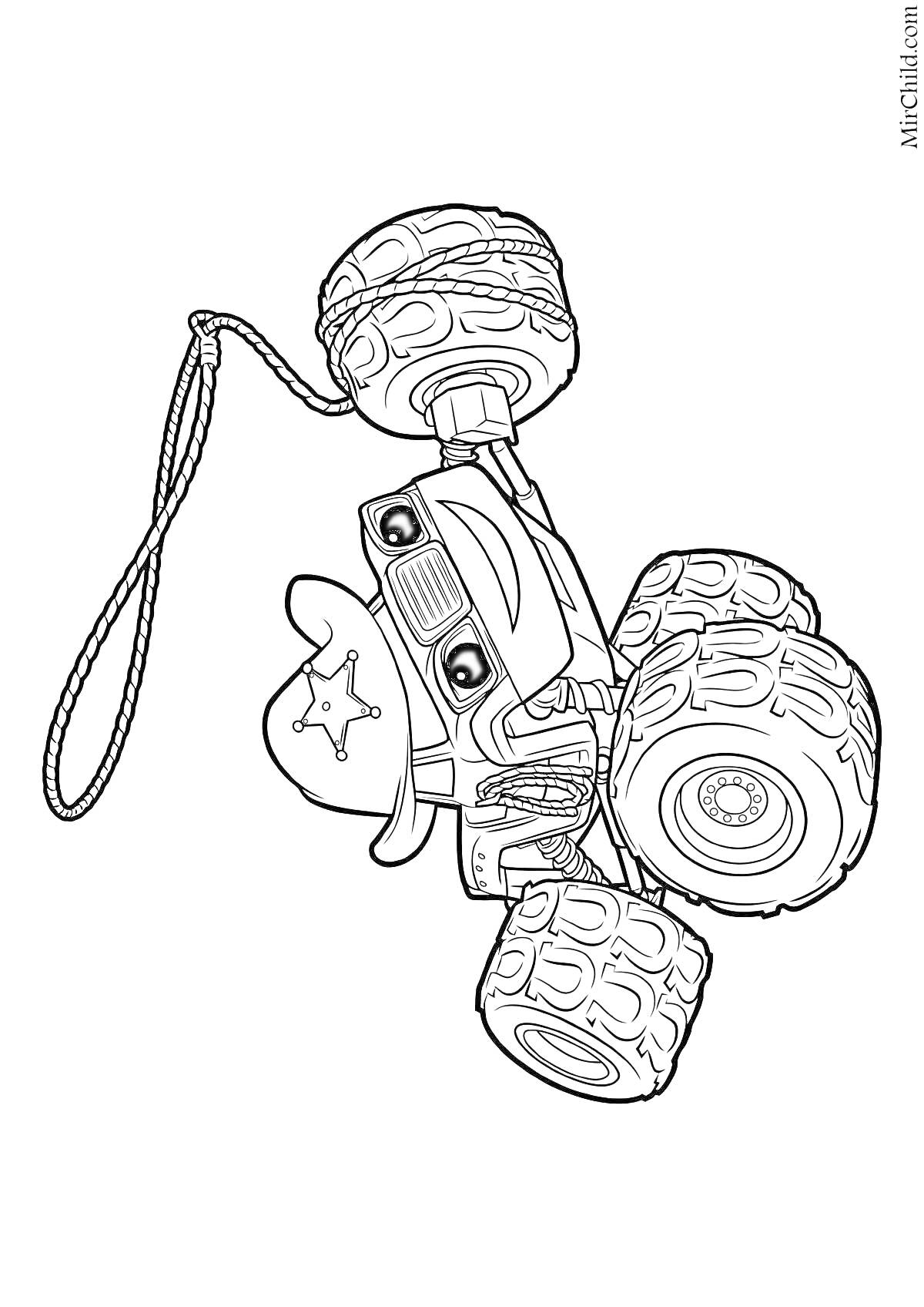 Раскраска Монстр-трак с веревкой и ковбойской шляпой со звездой