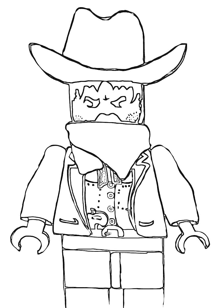 Раскраска Лего-фигура бандита в шляпе и плаще с платком на лице