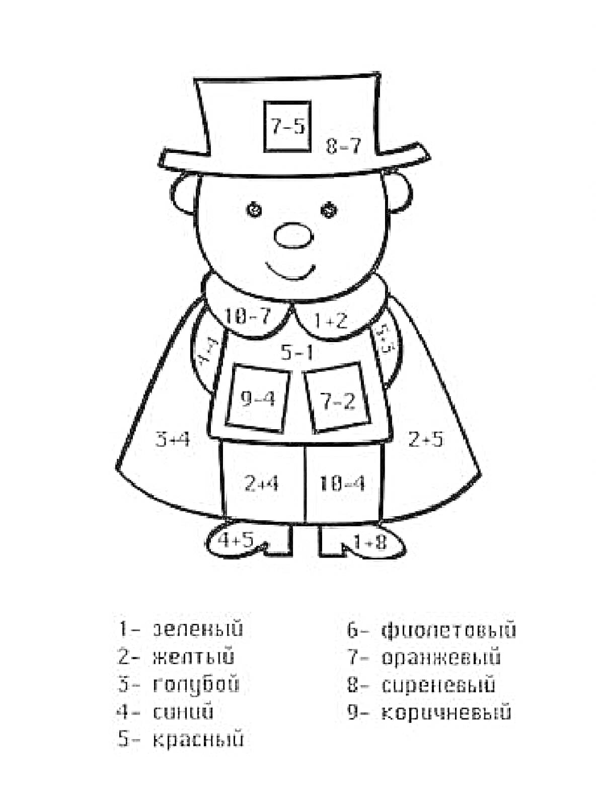Раскраска Человек в шляпе с примерами, совершающий математические действия в пазлах