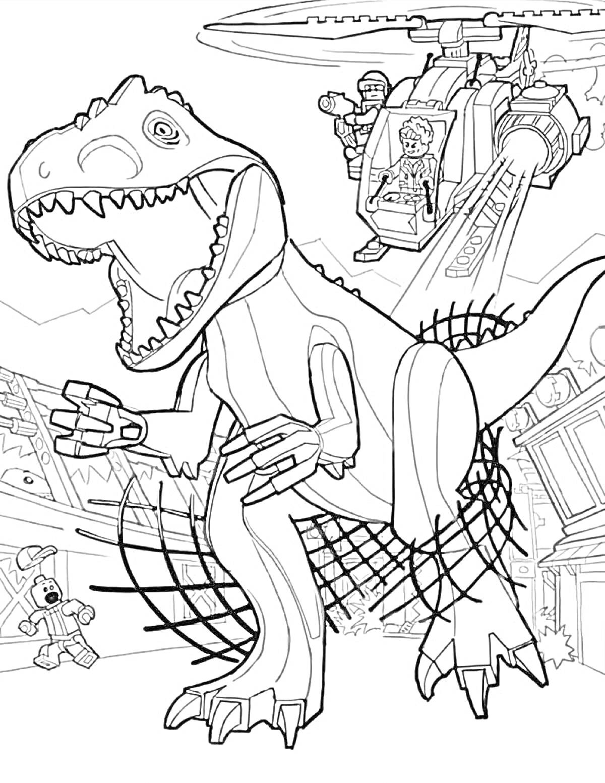 Раскраска Динозавр Тираннозавр Рекс, вертолет с фигурками людей, сети, рельсы, разрушающиеся здания.