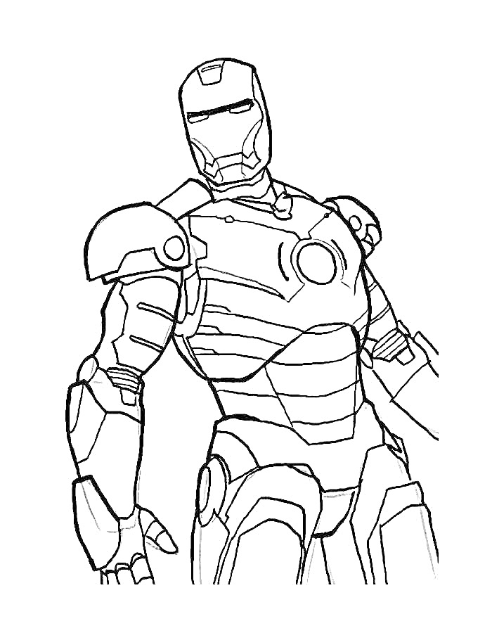 Супергерой в механическом костюме с контуром на груди, правая рука согнута в локте, левая рука направлена вниз