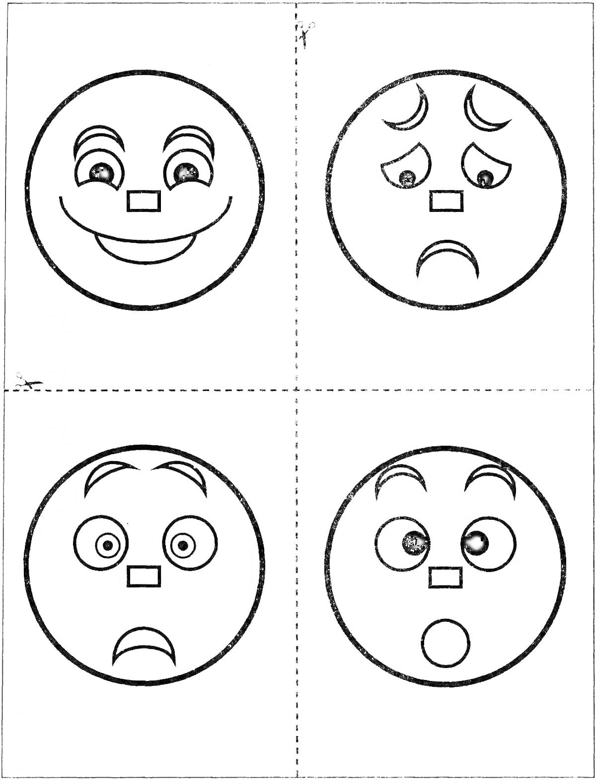 Раскраска Лист раскраски с четырьмя смайликами, выражающими эмоции: радость, грусть, удивление и шок
