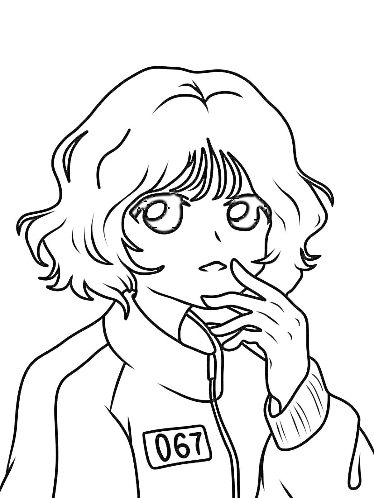 Раскраска Аниме-персонаж в куртке с номером 067 думает
