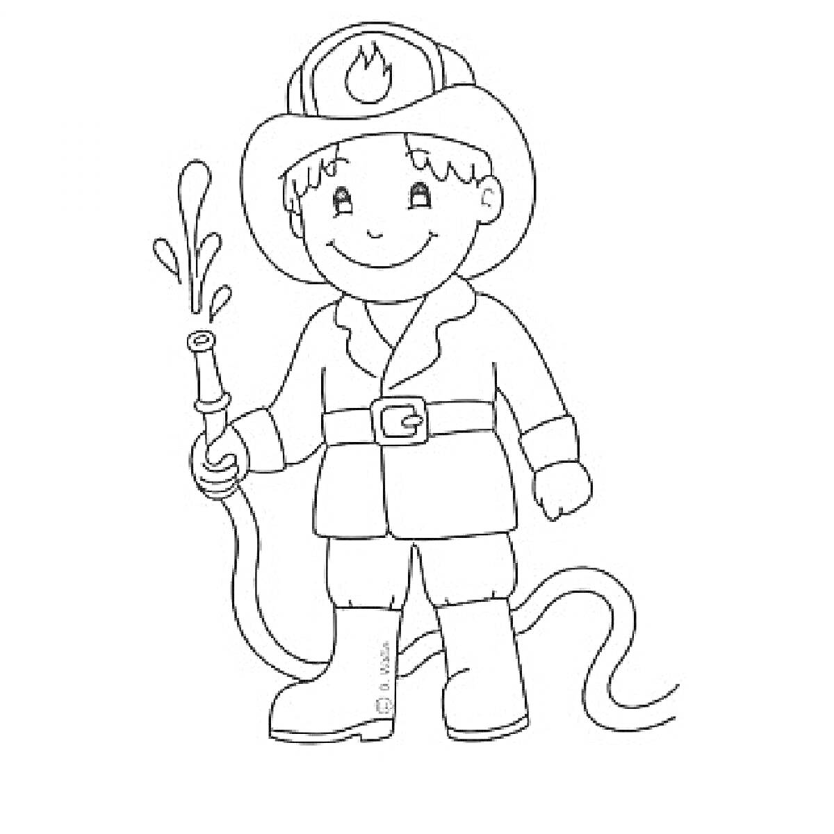 Раскраска Пожарный в каске с пожарным рукавом