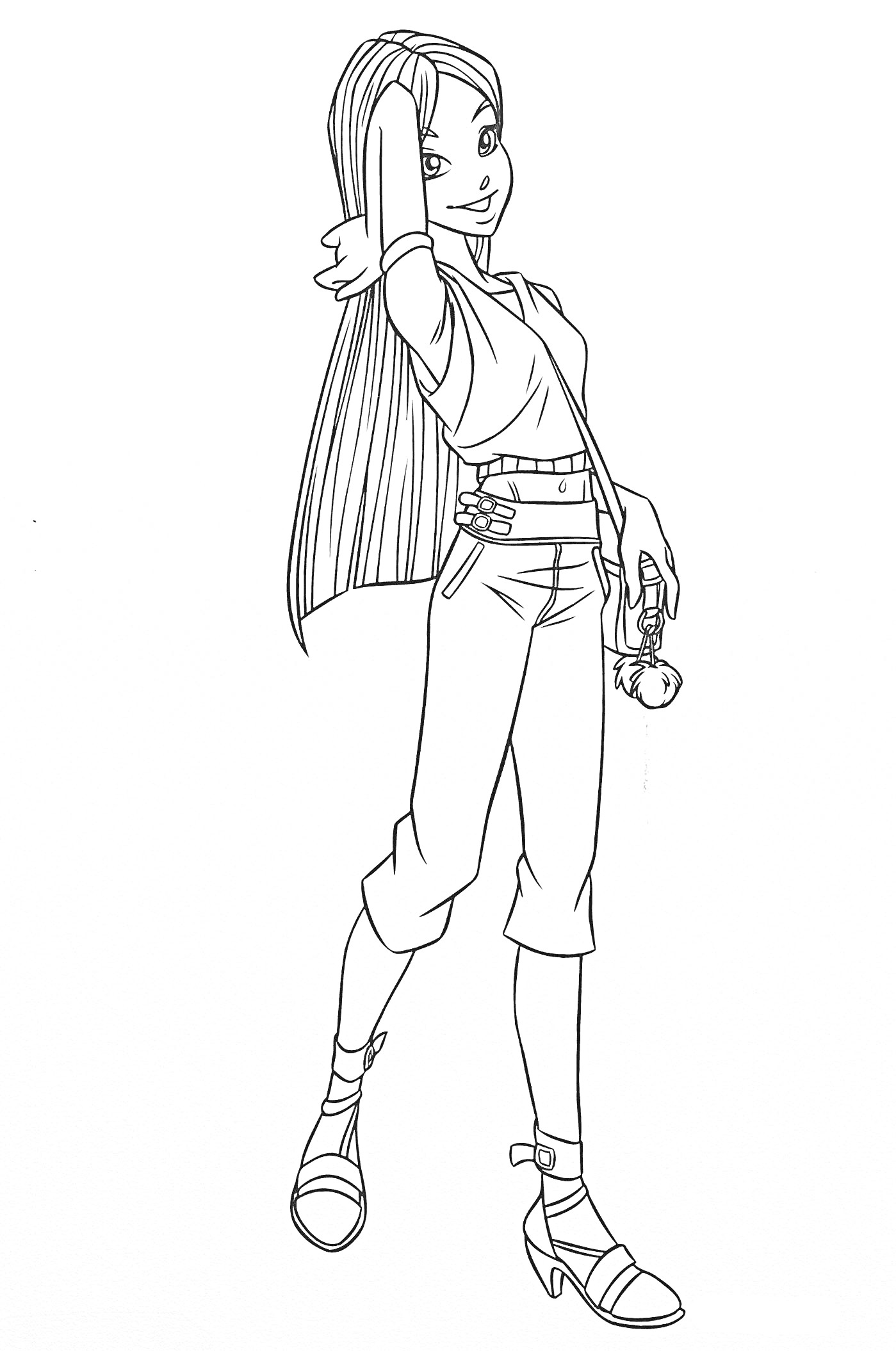 Девушка-волшебница с длинными волосами, одета в рубашку, джинсы и босоножки, держит магический предмет в руке