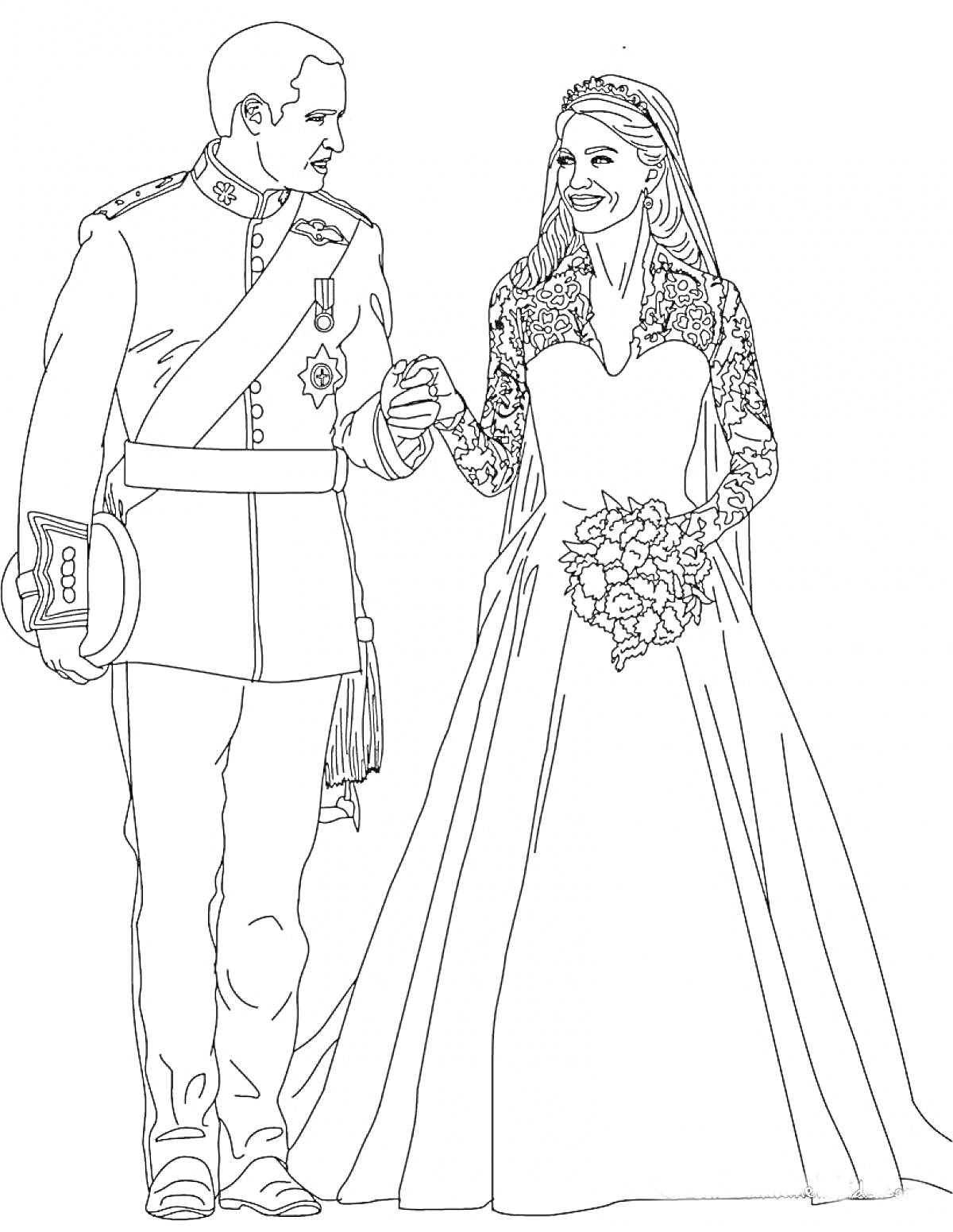 Раскраска Молодожены в свадебных нарядах, невеста в кружевном платье с букетом, жених в форме