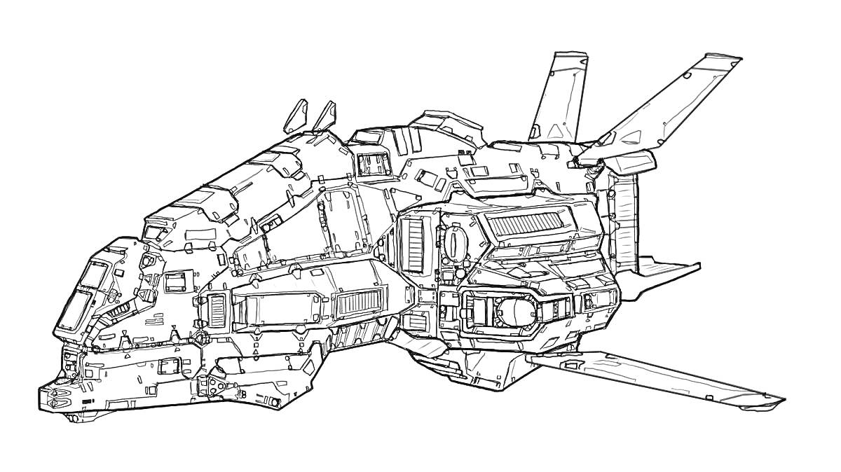 На раскраске изображено: Космический корабль, Детали корпуса, Крылья, Антенны, Контурные рисунки