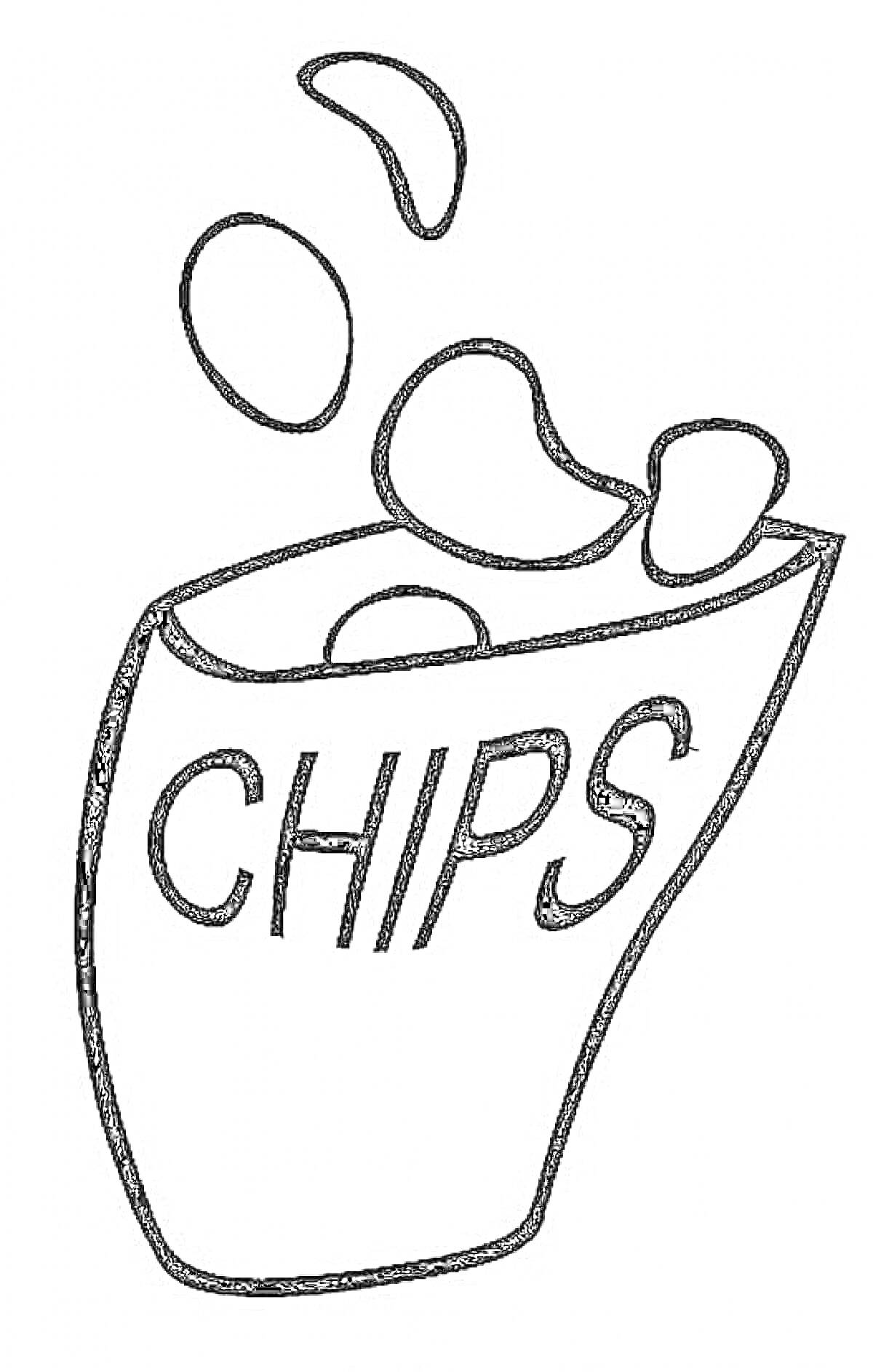 Раскраска Пакетик с чипсами, из которого выпадают чипсы