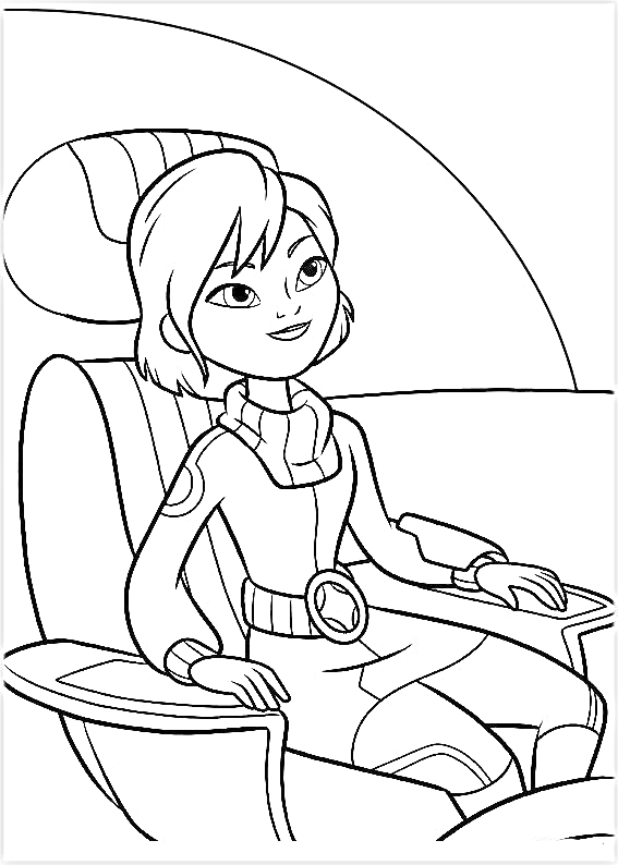Девочка в космическом костюме сидит в кресле в космическом корабле