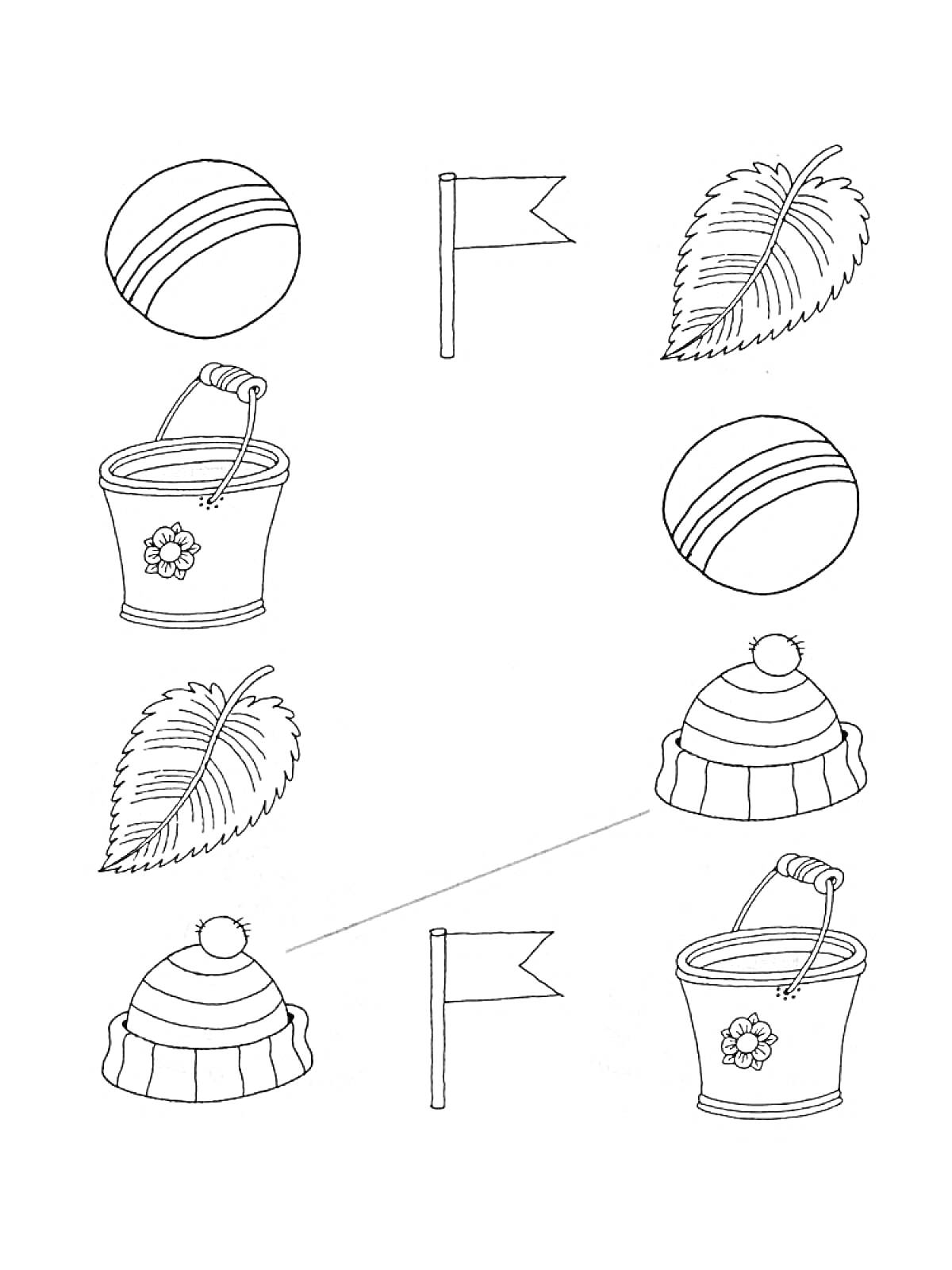 На раскраске изображено: Логика, Флаг, Шапка, Для детей, Листья, Ведёрко, Мячи