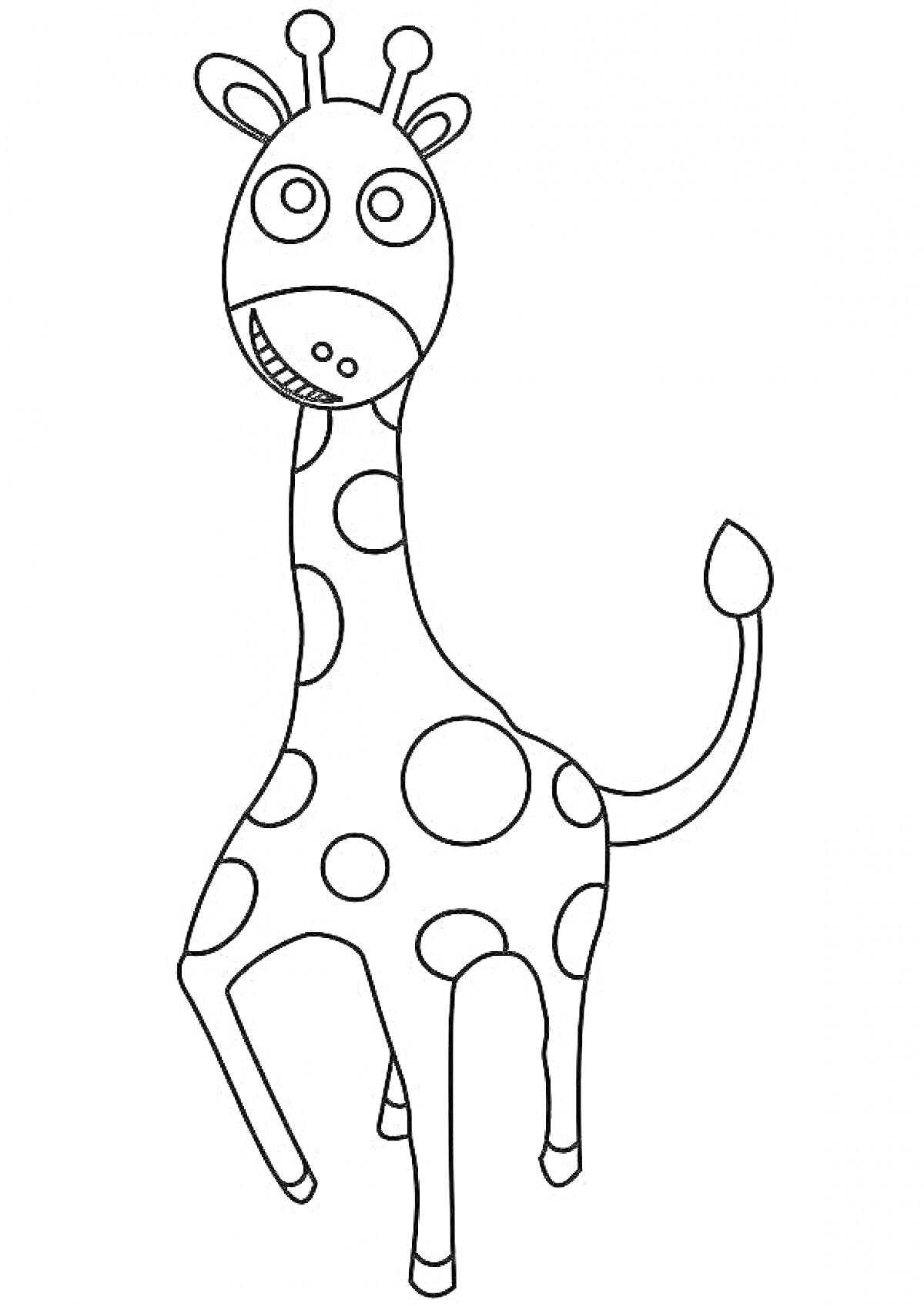 Раскраска Жираф с большими кругами и улыбающейся мордочкой