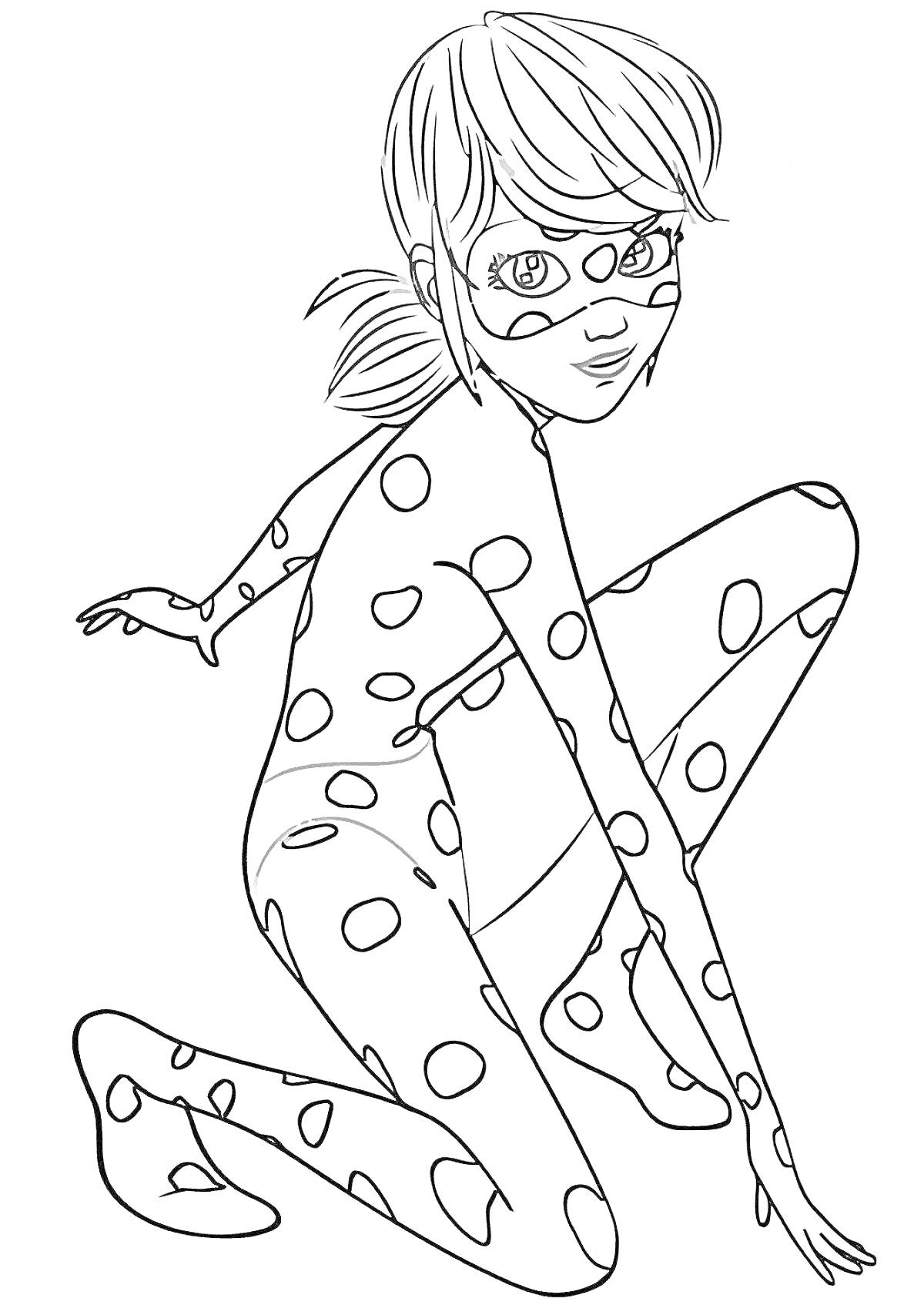 Раскраска Леди баг в костюме, присевшая на корточки