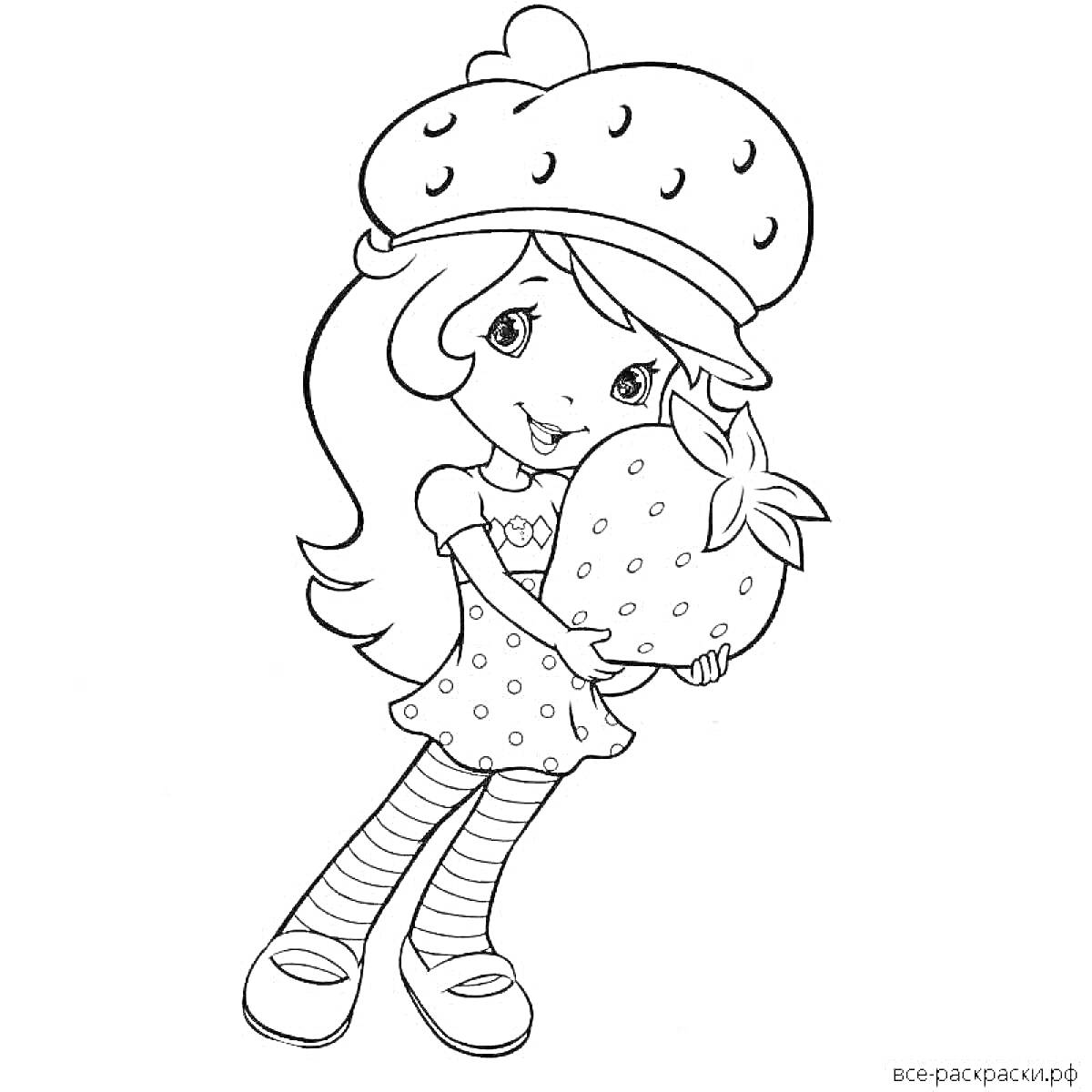 Раскраска девочка в платье, держащая клубнику, в шапке в виде клубники