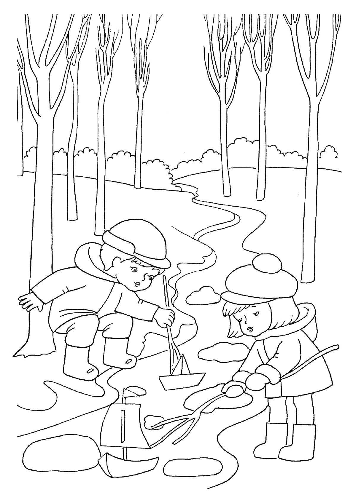 Раскраска Дети пускают бумажные кораблики в весеннем лесу у ручья