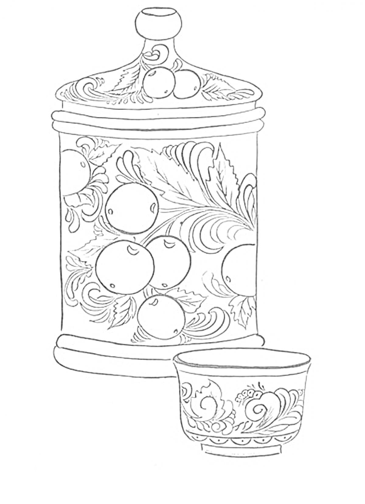 Раскраска Хохлома с банкой и чашкой, украшенными цветами, ягодами и листвой
