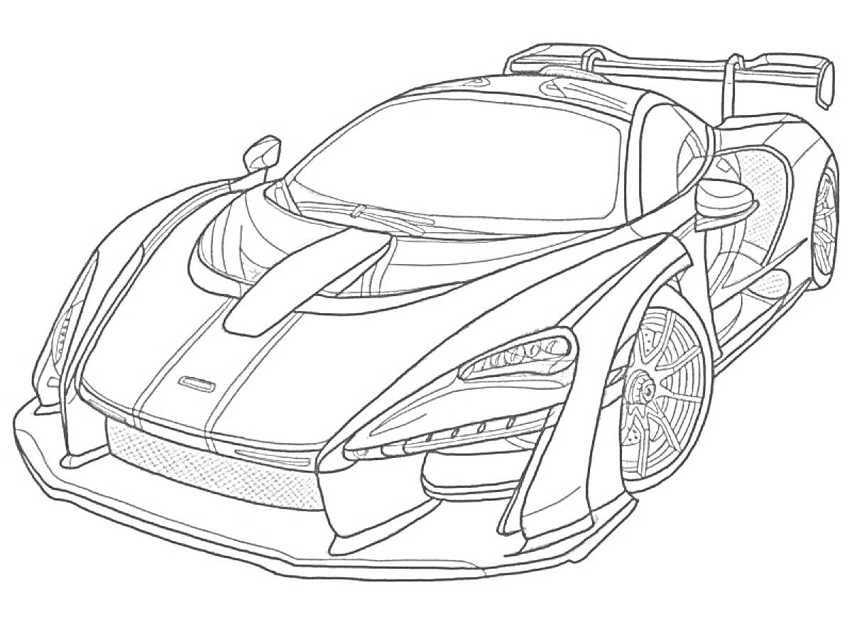 Раскраска Макларен с видимыми элементами передней и боковой части, включая капот, передние фары, передний спойлер, боковые зеркала, аэродинамические элементы, передние колеса и задний спойлер