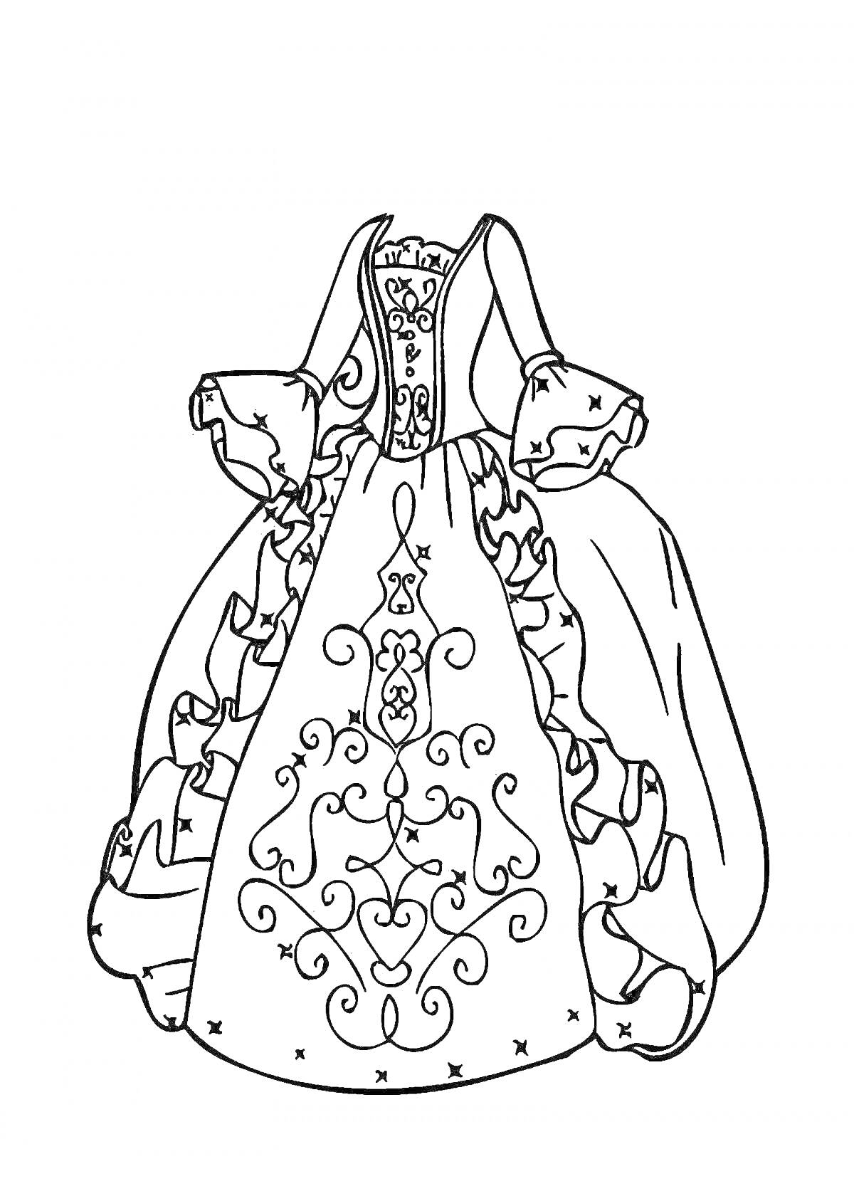 Раскраска Пышное платье с рукавами-фонариками и узором на юбке