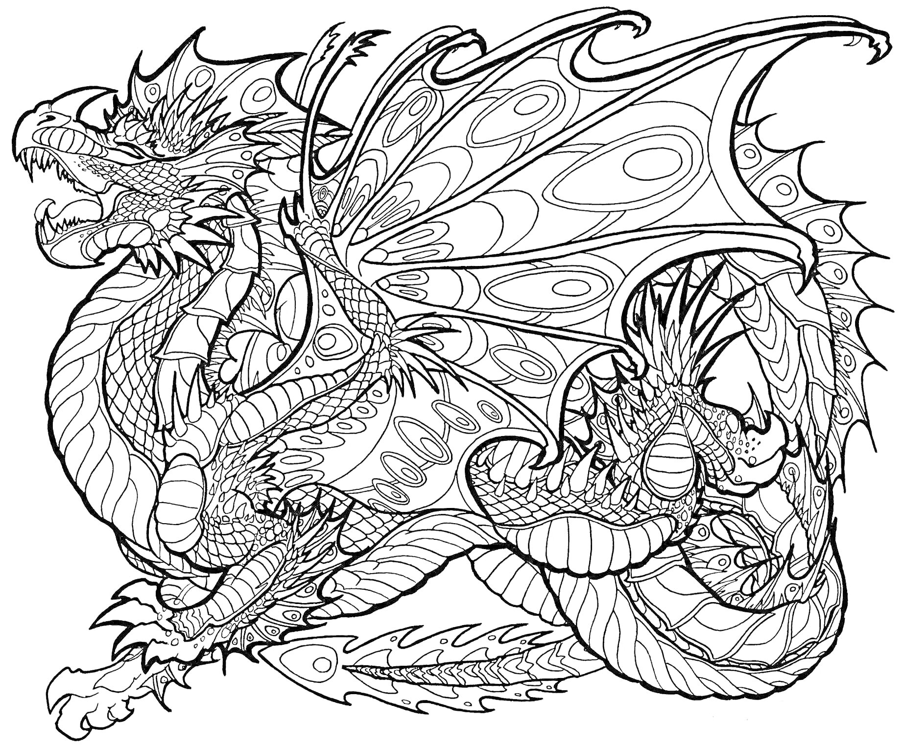 На раскраске изображено: Дракон, Фэнтези, Крылья, Чешуя, Рога, Мифические существа