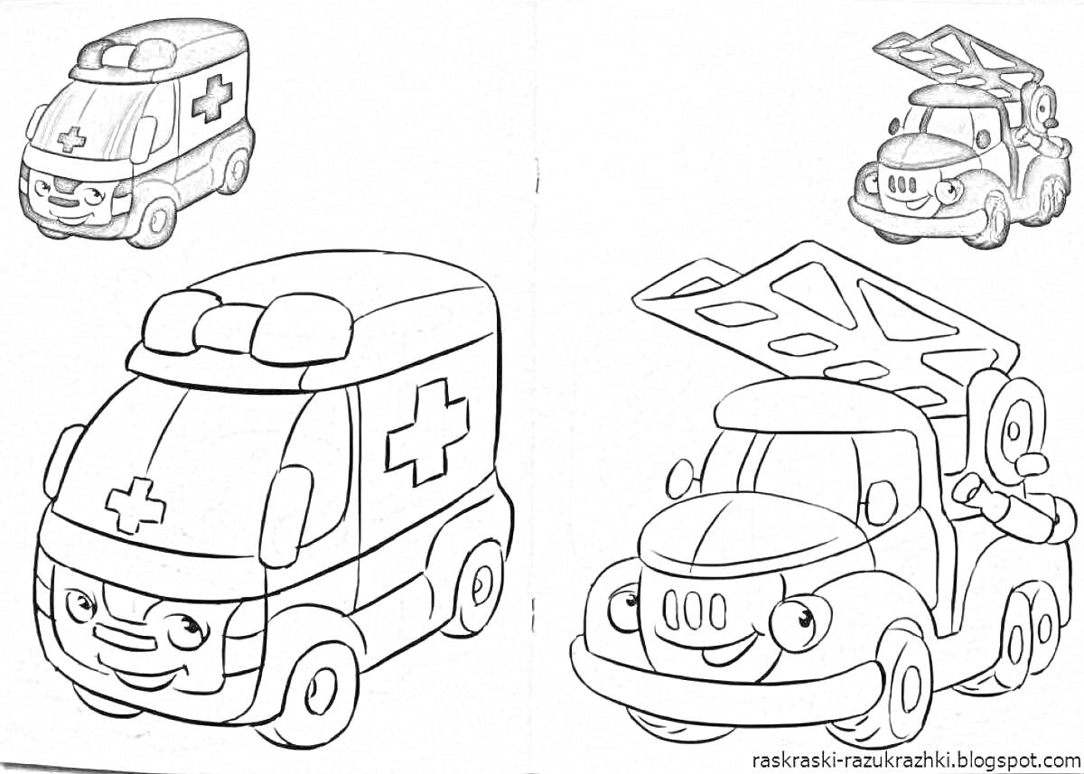 На раскраске изображено: Для мальчиков, Скорая помощь, Пожарная машина, Для детей, Машины