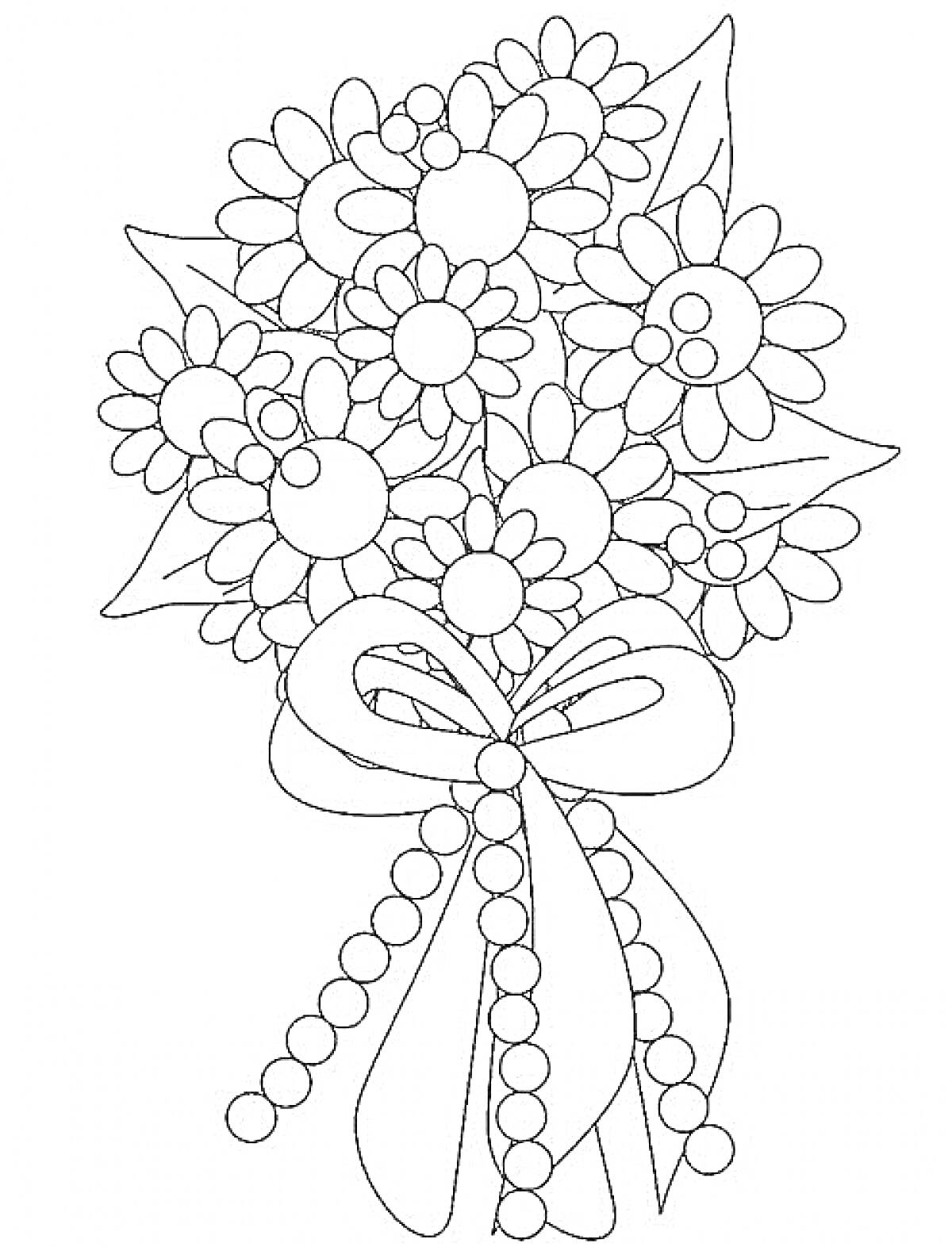 Раскраска Букет цветов с листьями, круглымы ягодами и бантом из ленты