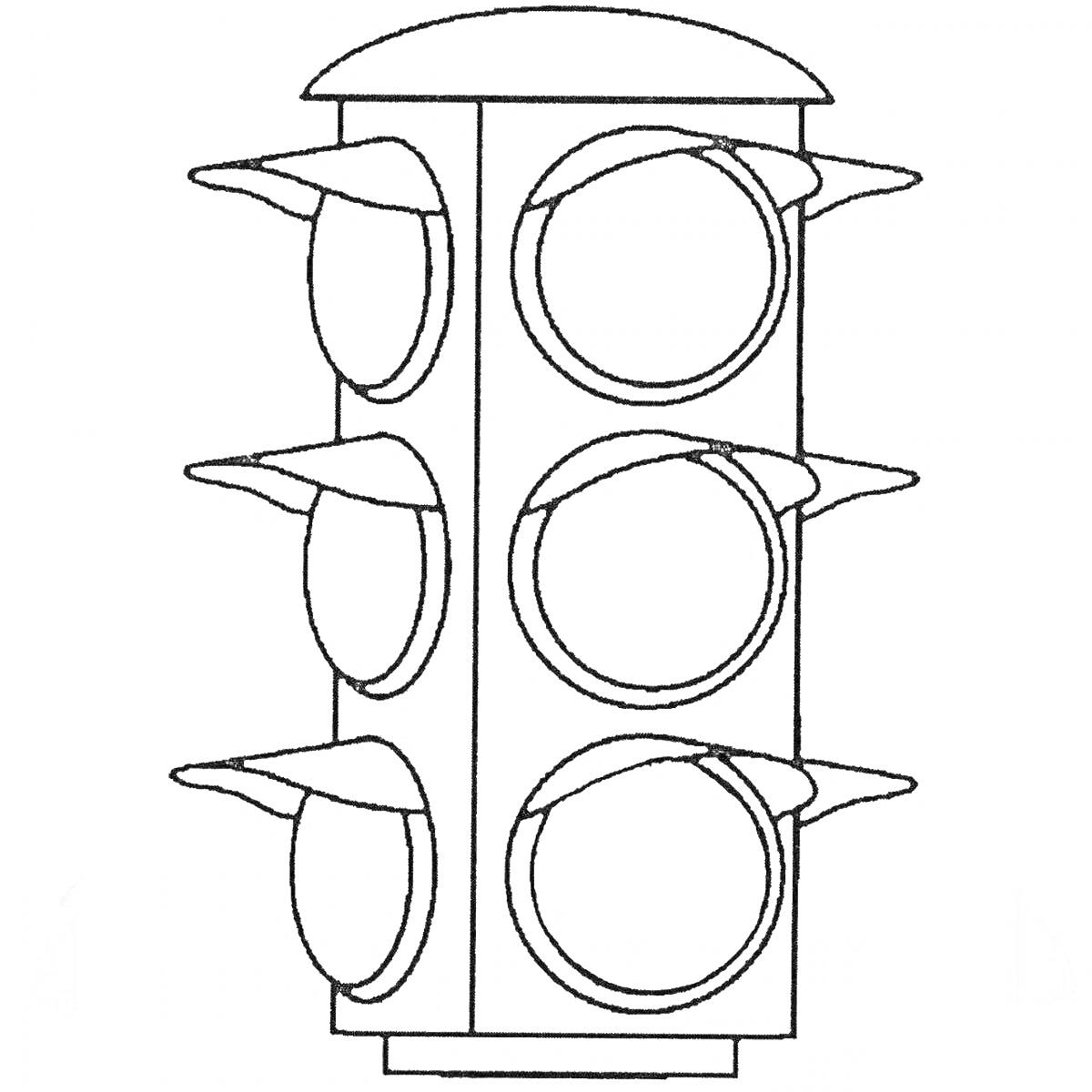 Раскраска Светофор с шестью круглыми секциями и козырьками