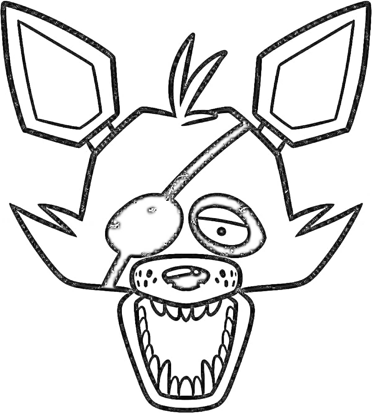 Раскраска Голова аниматроника Фокси с повязкой на глазу и открытым ртом