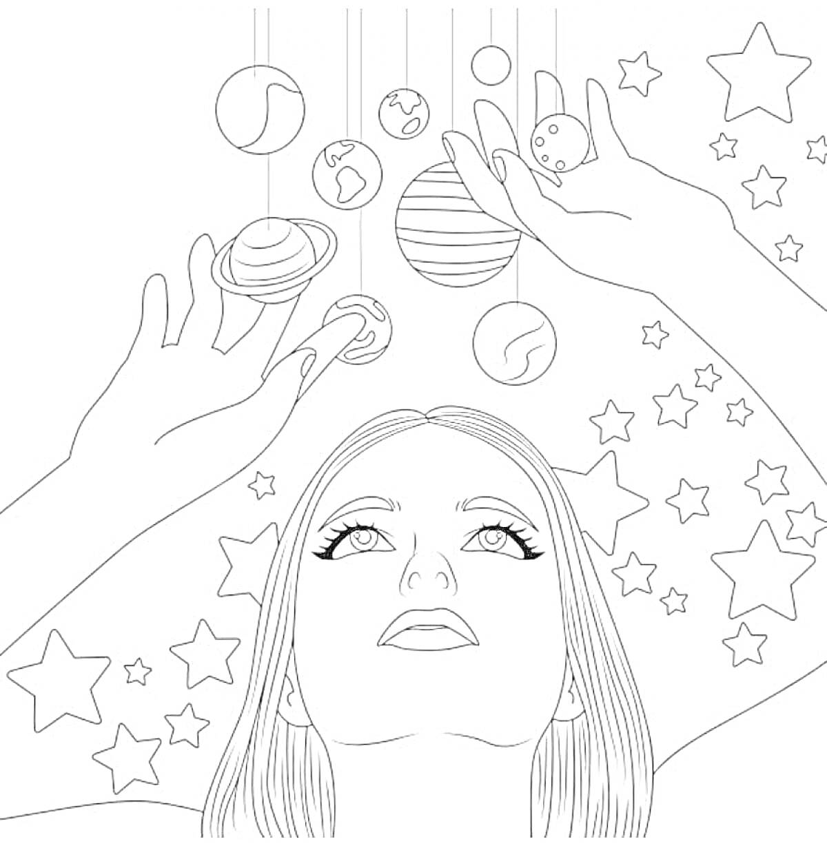 На раскраске изображено: Планеты, Звезды, Космос, Руки вверх, Эстетика, Арт