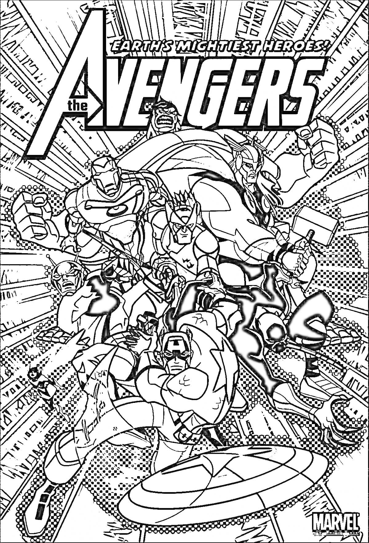 Раскраска The Avengers: Earth's Mightiest Heroes - команда супергероев (Железный Человек, Тор, Капитан Америка, Халк, Соколиный глаз, Чёрная вдова)