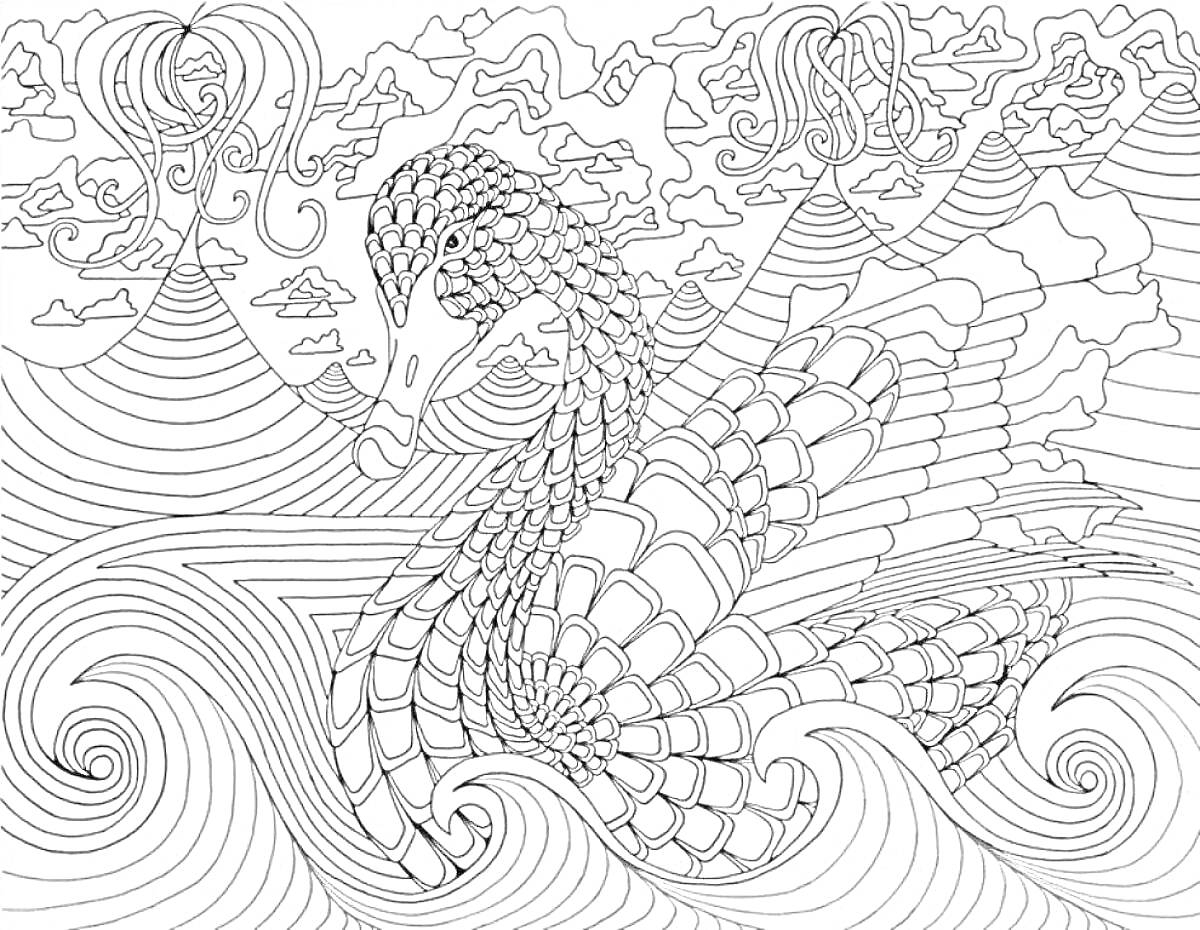 На раскраске изображено: Лебедь, Волны, Горы, Облака, Сложные узоры, Линии, Для взрослых