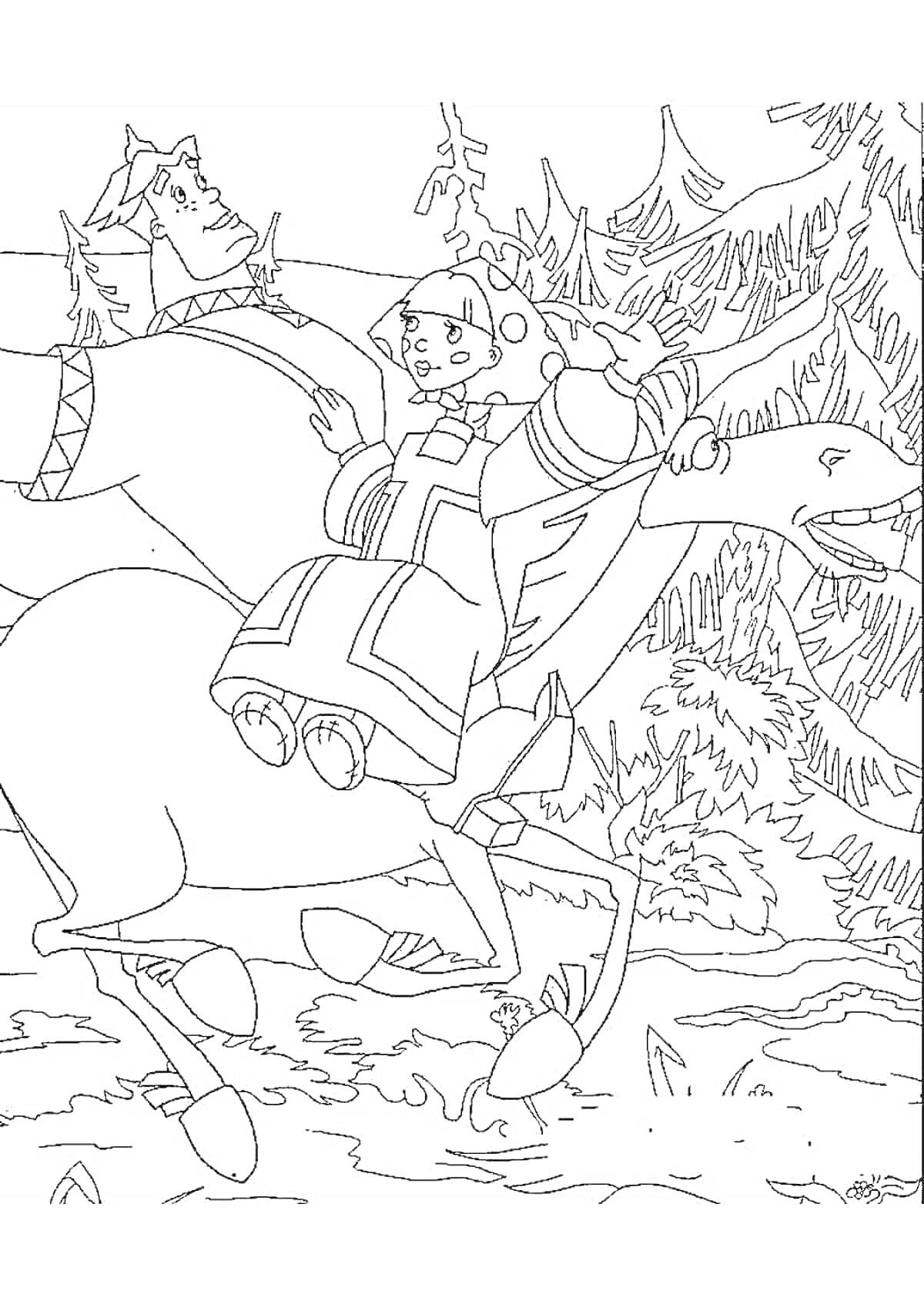 На раскраске изображено: Три богатыря, Юлий, Лес, Конь, Цветение, Природа